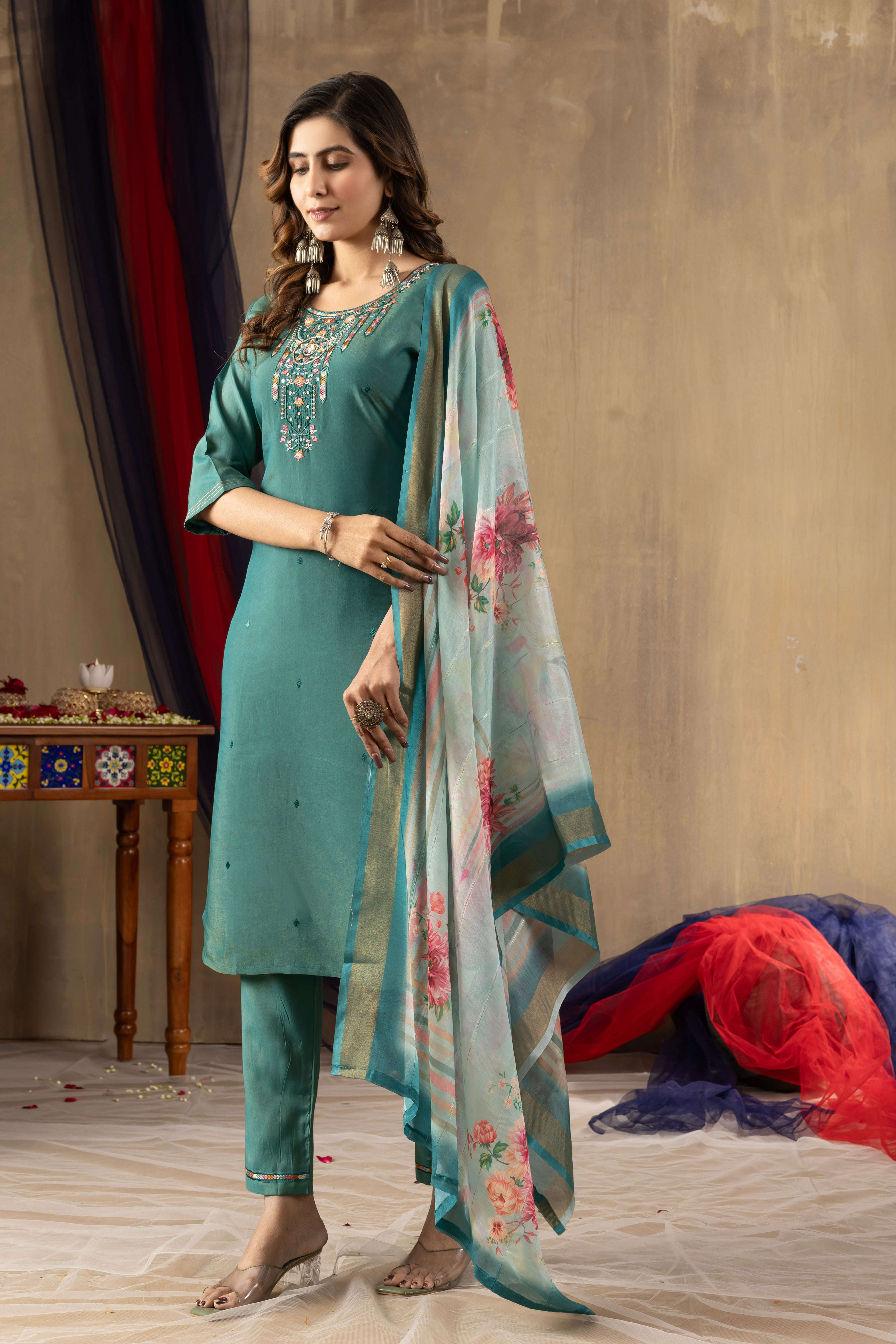 Elegant Straight Kurti Pant Dupatta Set KADV-109 - Rama Green Kalikar