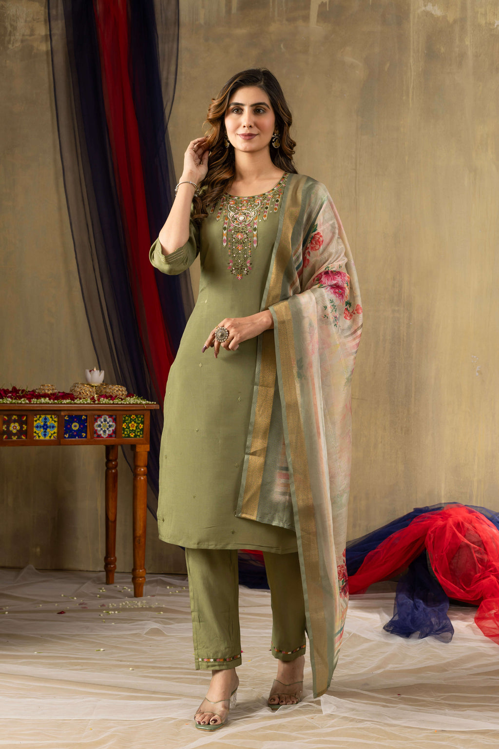 Elegant Straight Kurti Pant Dupatta Set KADV-109 - Green Kalikar