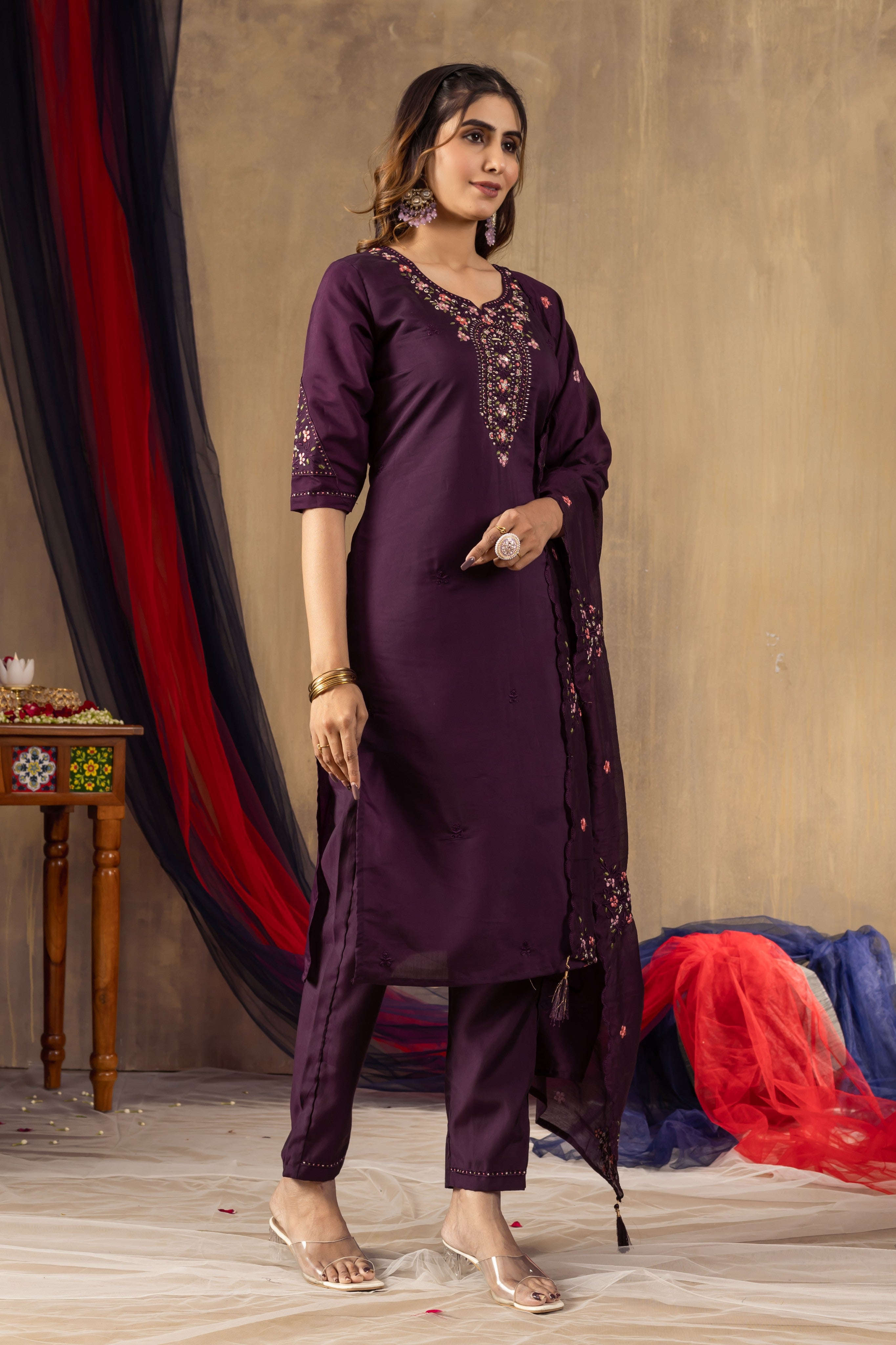 Elegant Straight Kurti Pant Dupatta Set KADV-106 - Wine Kalikar