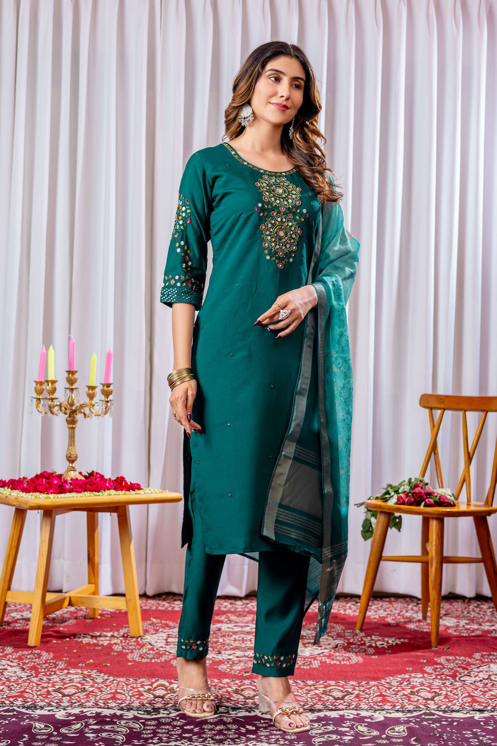 Elegant Straight Kurti Pant Dupatta Set KADV-111 -Green Kalikar