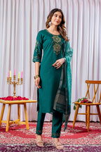 Elegant Straight Kurti Pant Dupatta Set KADV-111 -Green Kalikar