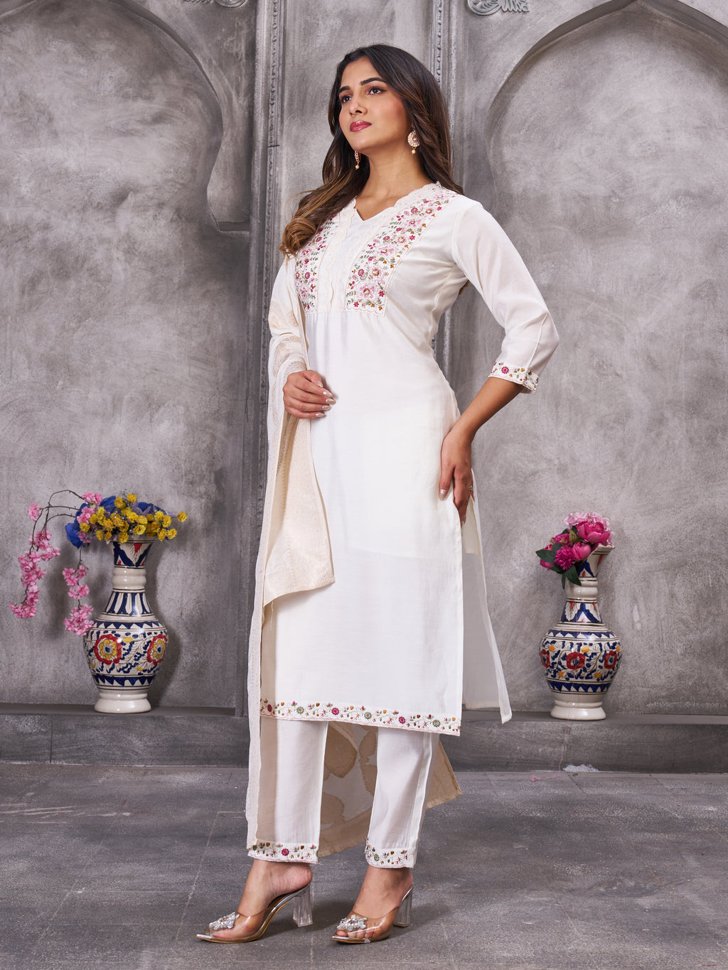 Elegant Straight Kurti Pant Dupatta Set of White