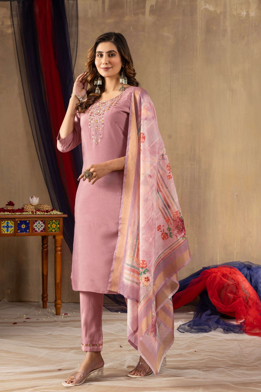 Elegant Straight Kurti Pant Dupatta Set KADV-109 - Onion Pink Kalikar