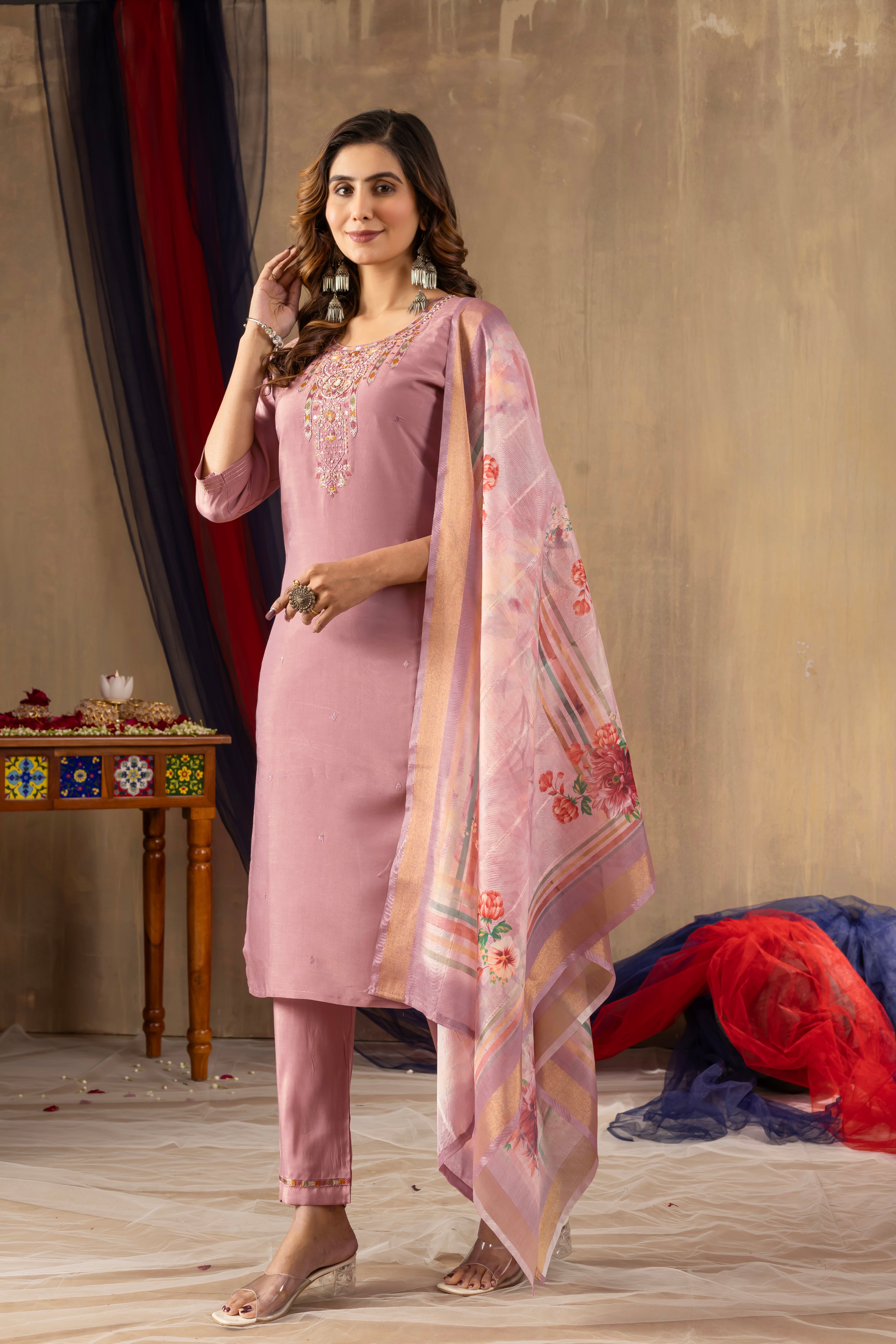 Elegant Straight Kurti Pant Dupatta Set KADV-109 - Onion Pink