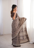 Designer Printed Pure Cotton Saree of Brown