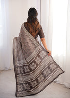 Designer Printed Pure Cotton Saree of Brown