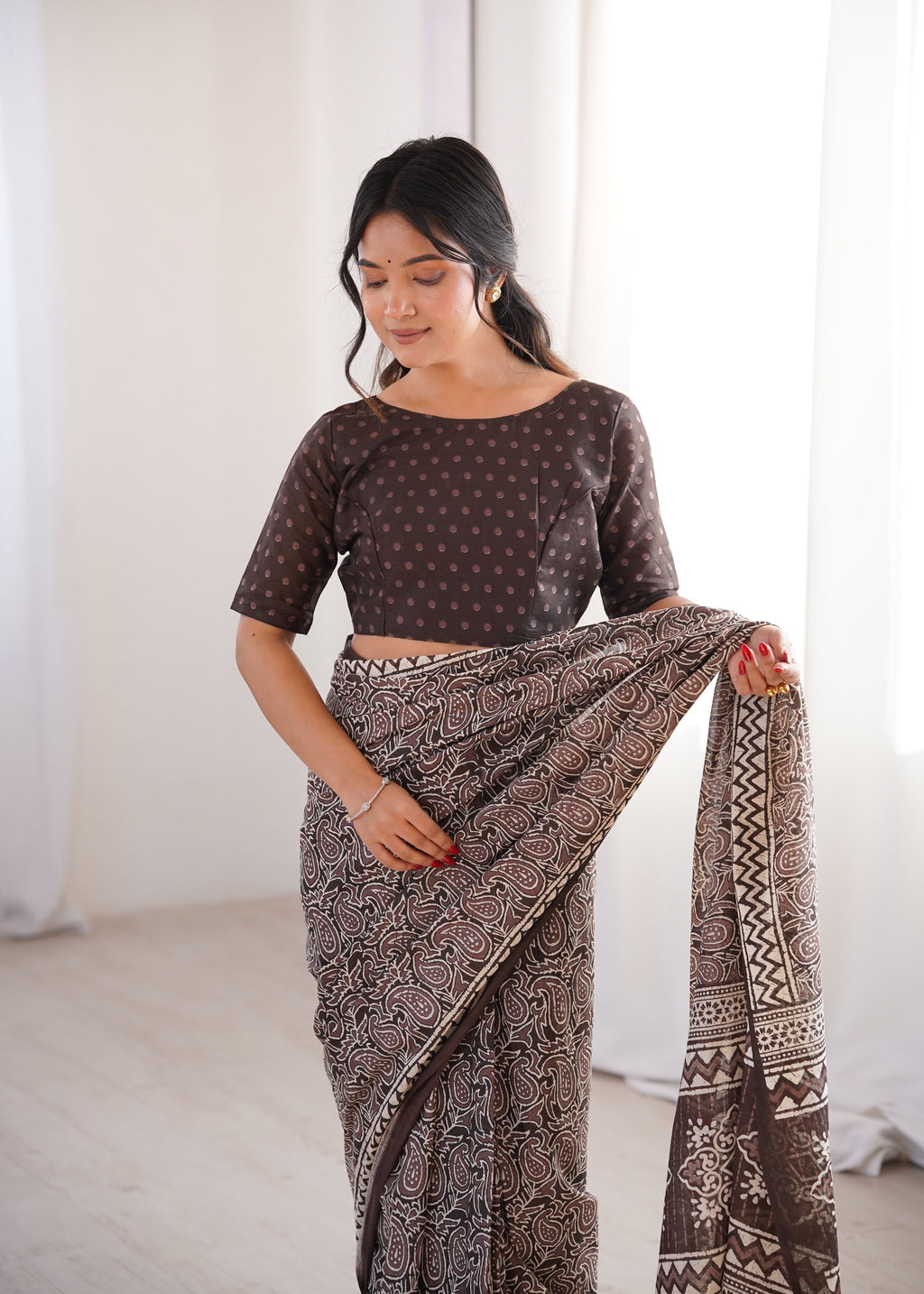 Designer Printed Pure Cotton Saree of Brown