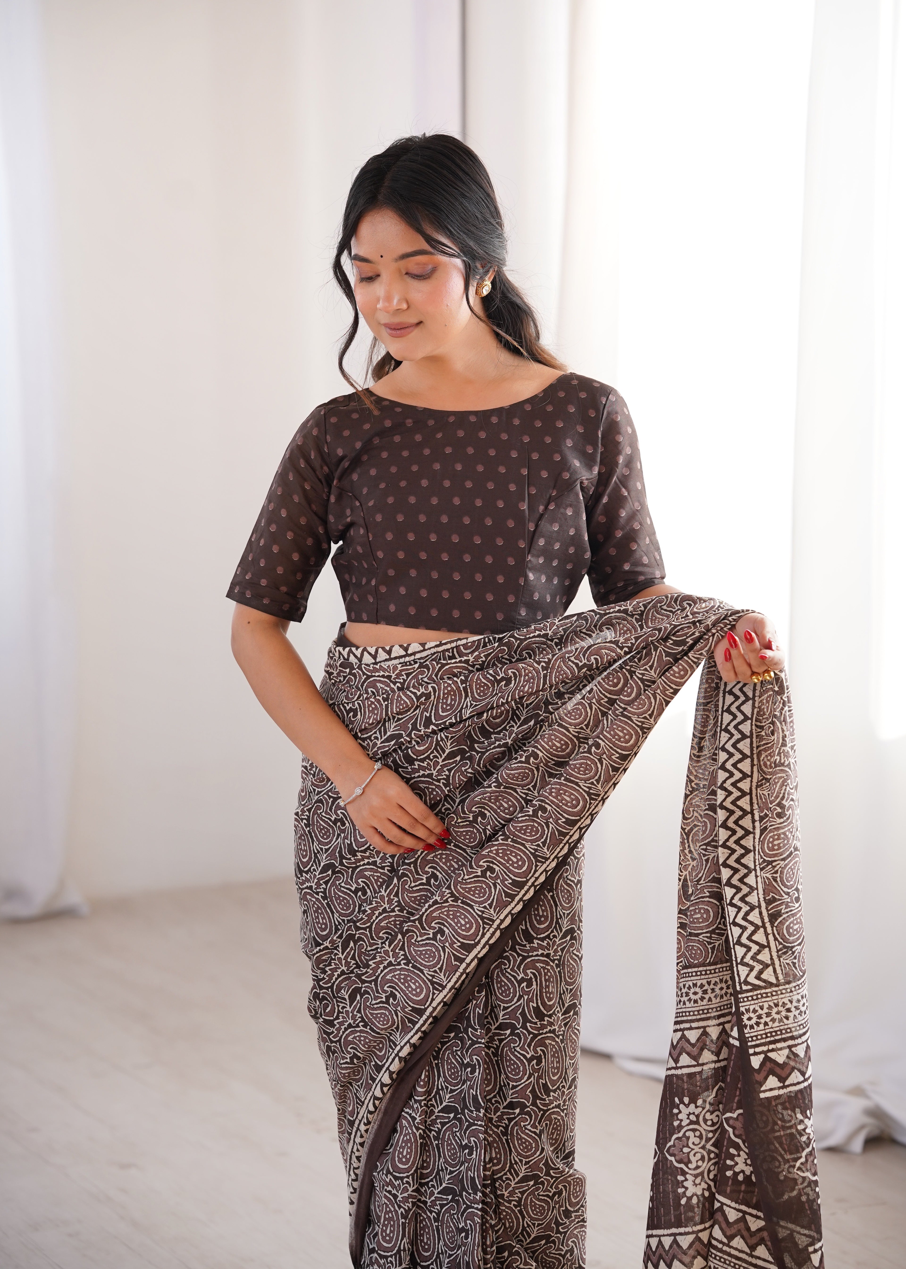 Designer Printed Pure Cotton Saree of Brown