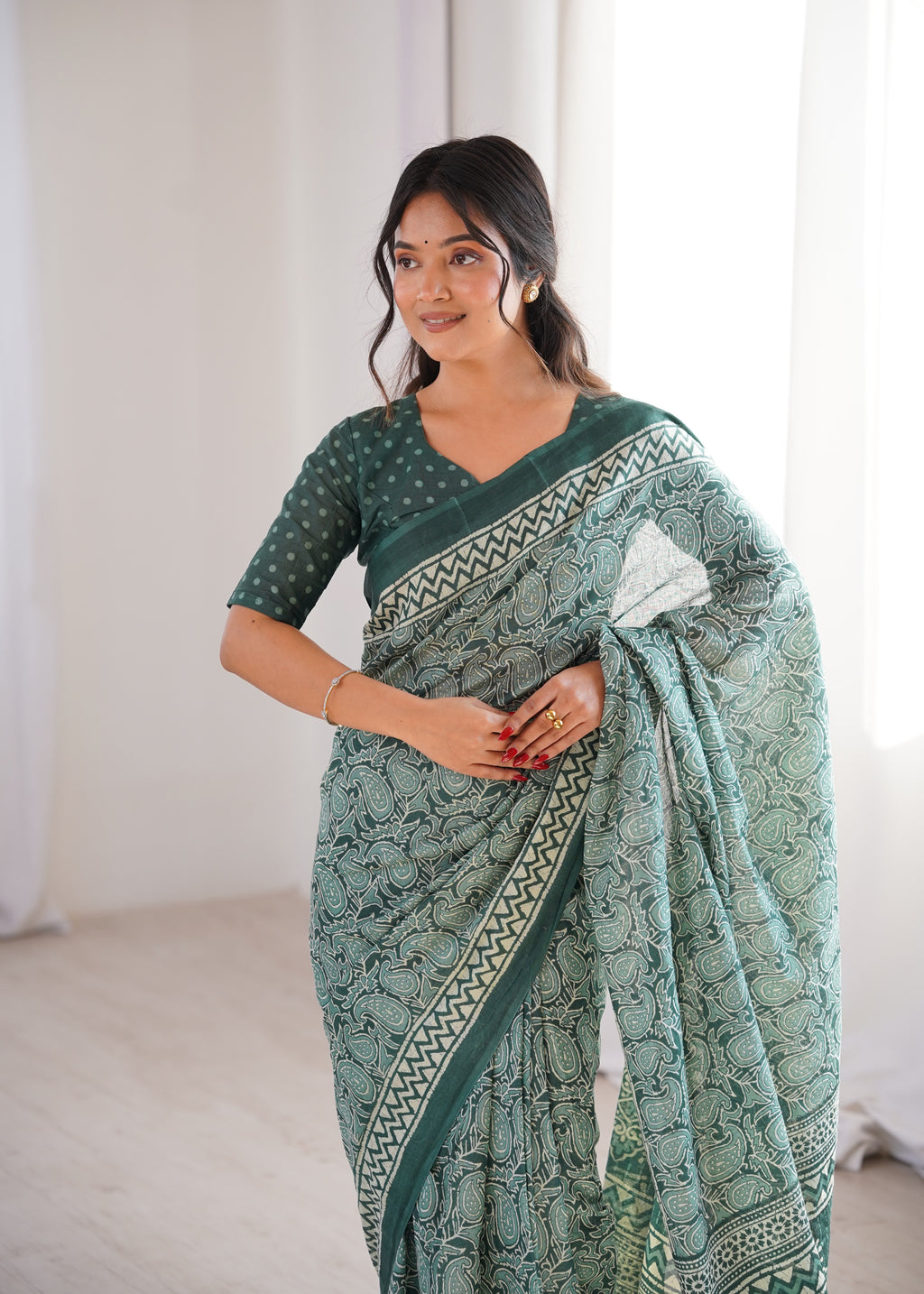 Designer Printed Pure Cotton Saree of Green