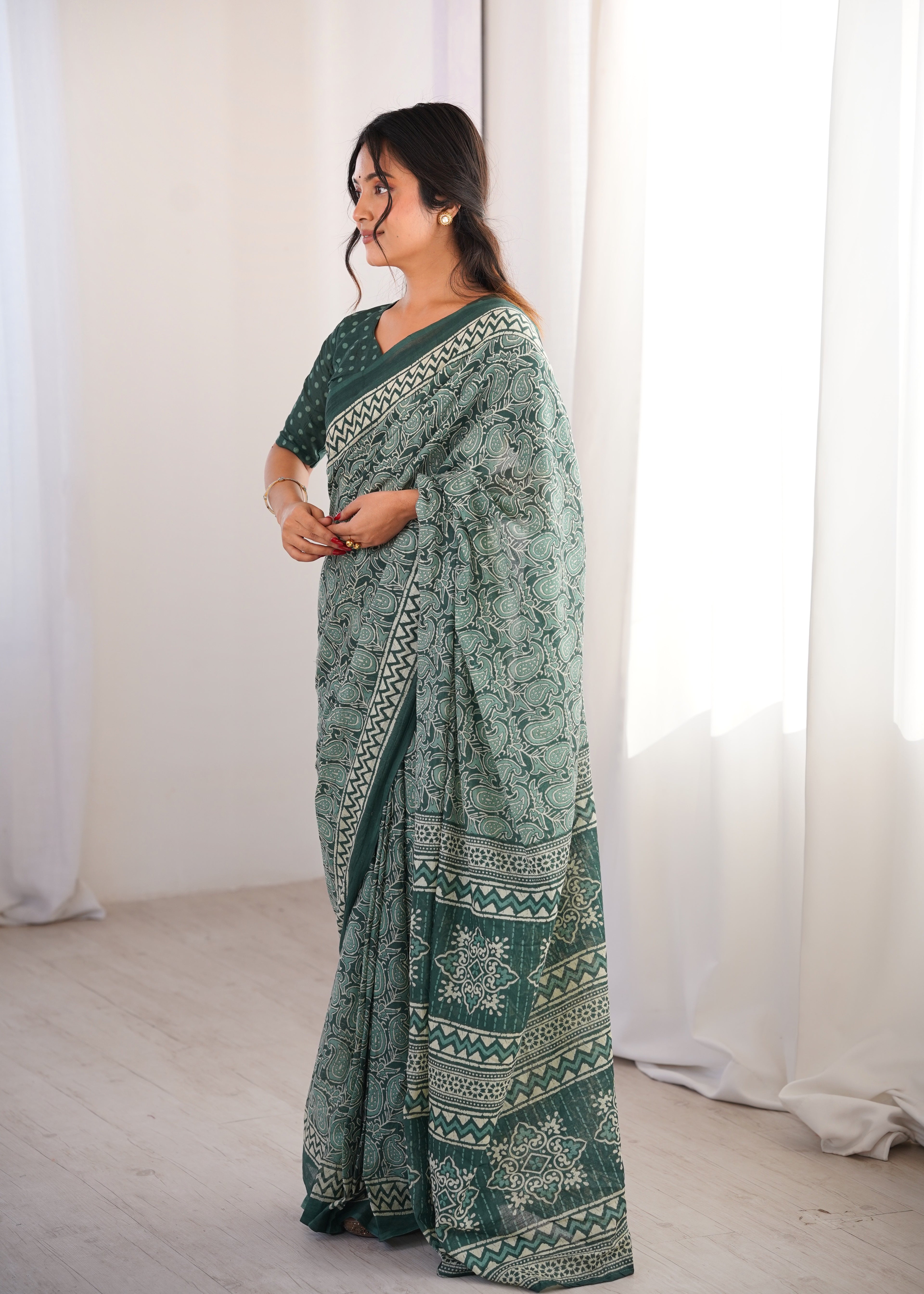 Designer Printed Pure Cotton Saree of Green