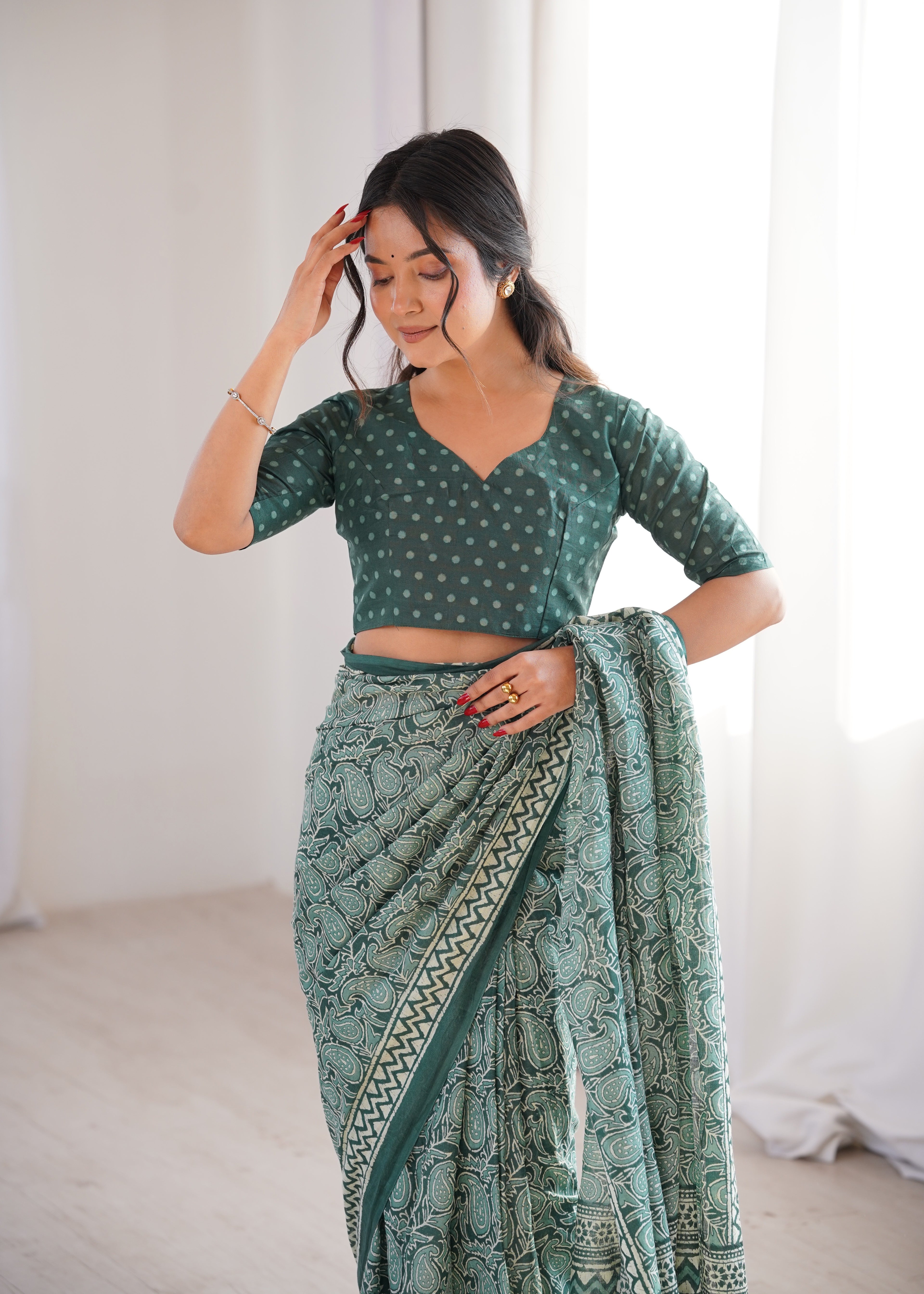 Designer Printed Pure Cotton Saree of Green