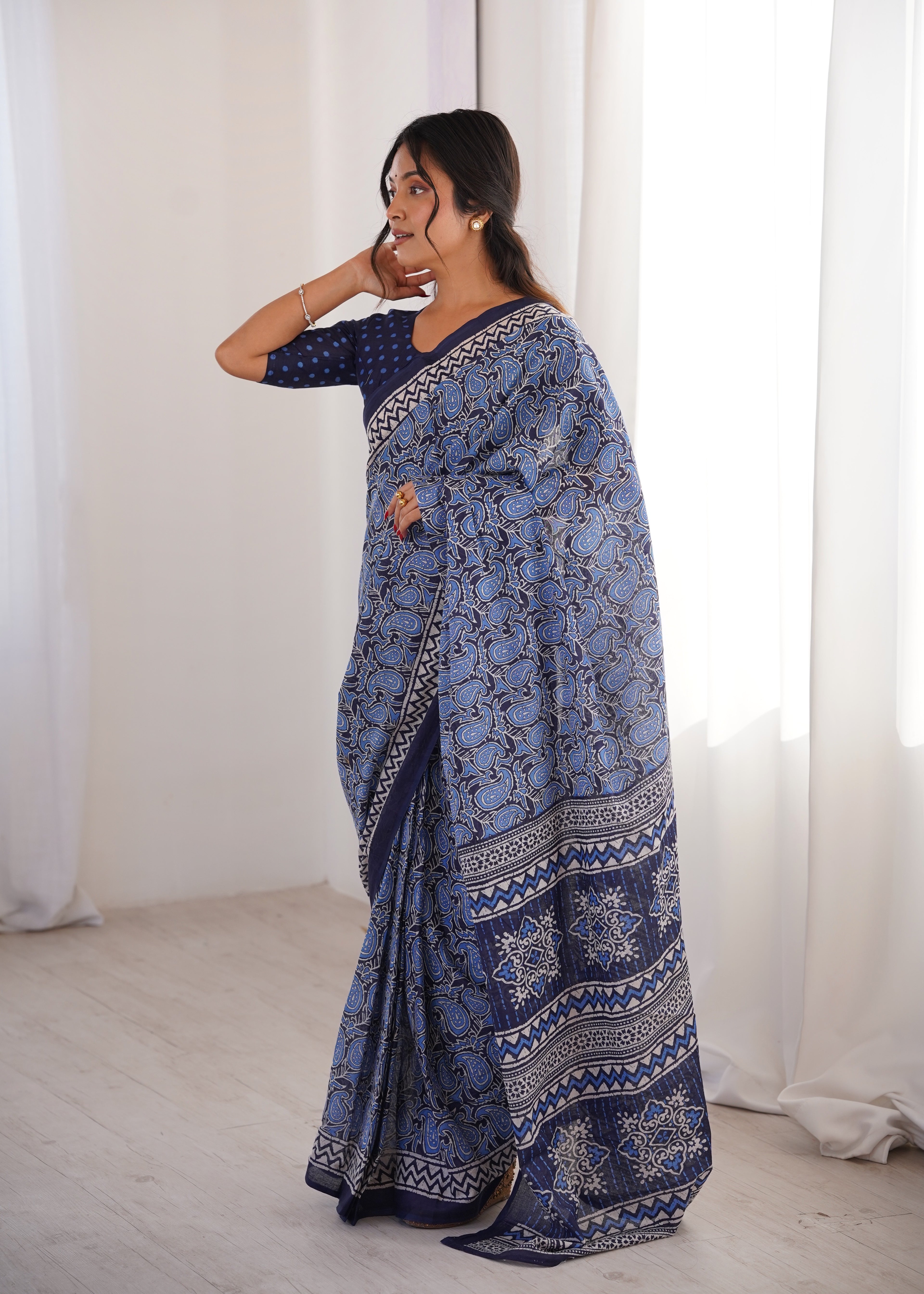 Designer Printed Pure Cotton Saree of Blue