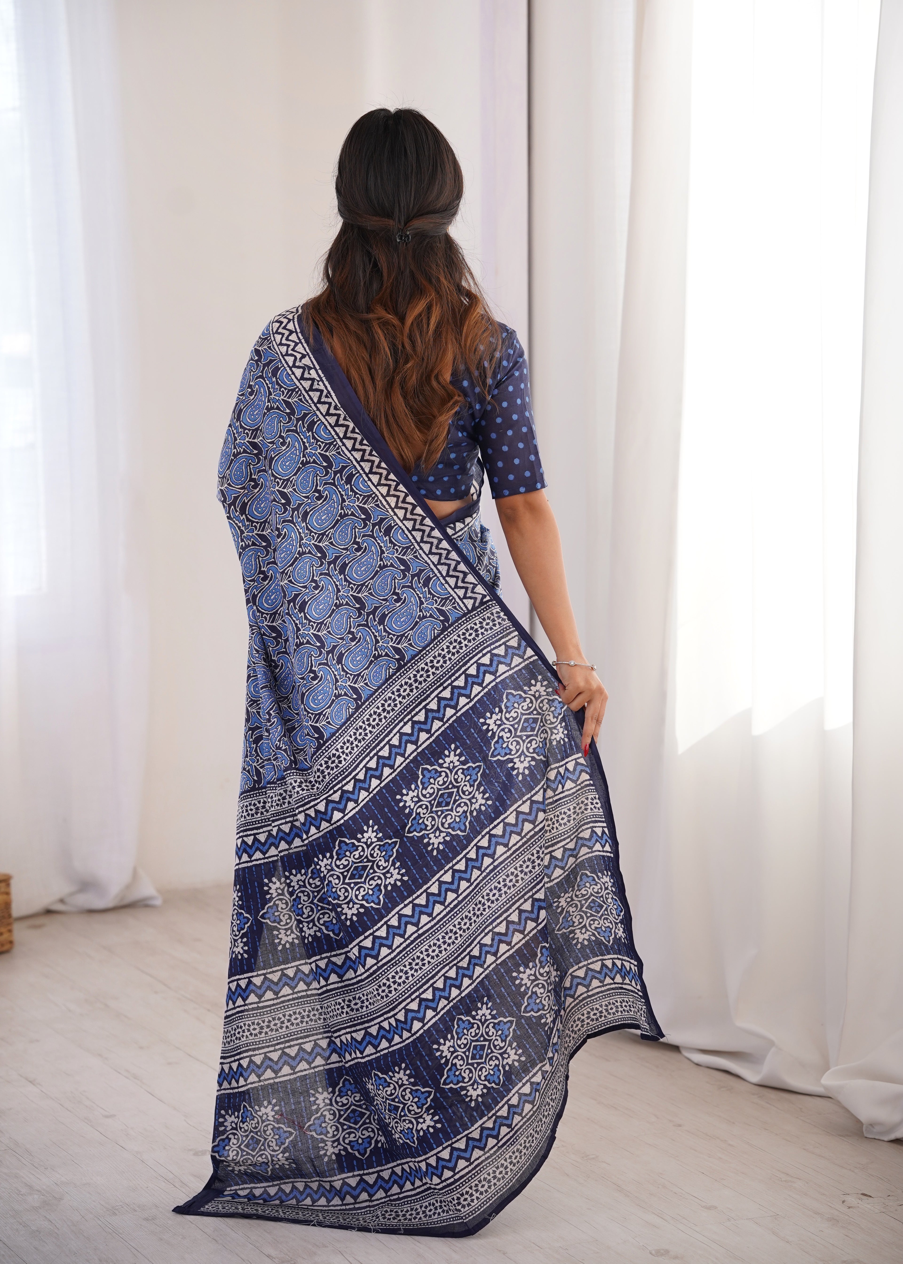 Designer Printed Pure Cotton Saree of Blue