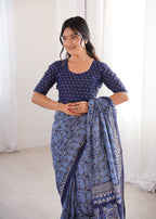 Designer Printed Pure Cotton Saree of Blue