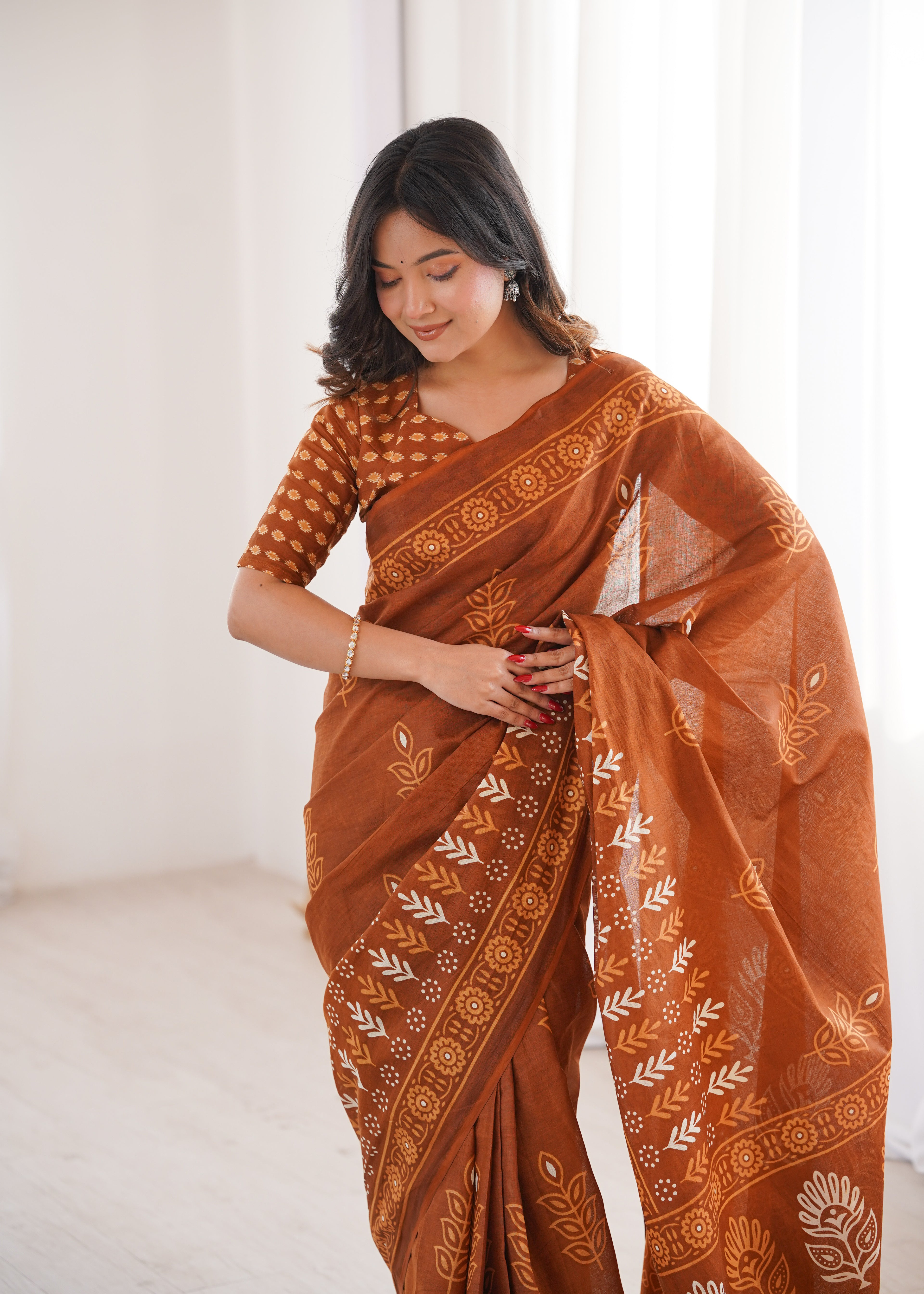 Designer Printed Pure Cotton Saree of Musterd