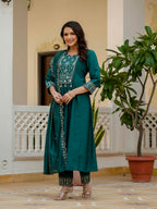 Elegant Straight Kurti Pant Dupatta Set of Teal