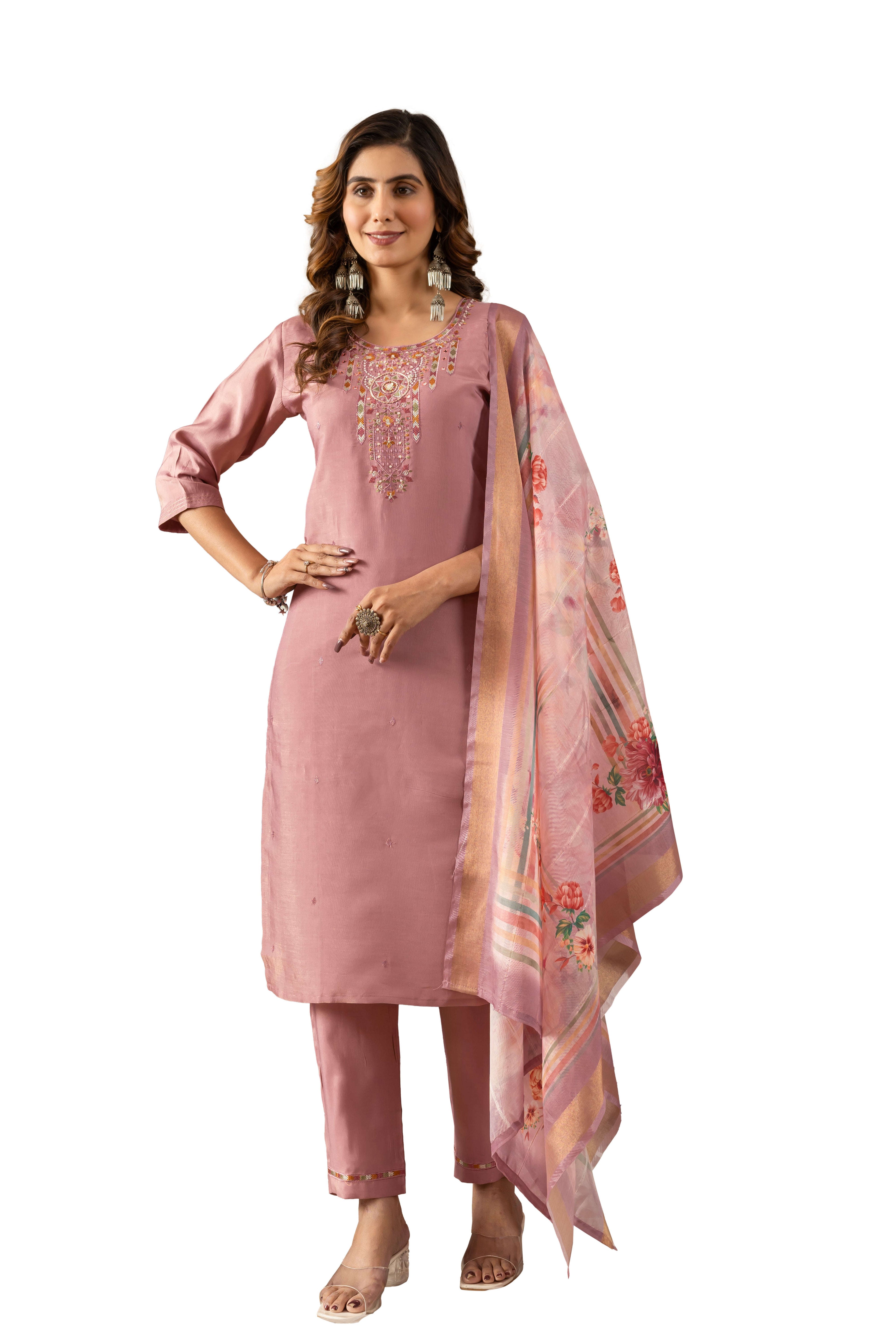 Elegant Straight Kurti Pant Dupatta Set KADV-109 - Onion Pink Kalikar