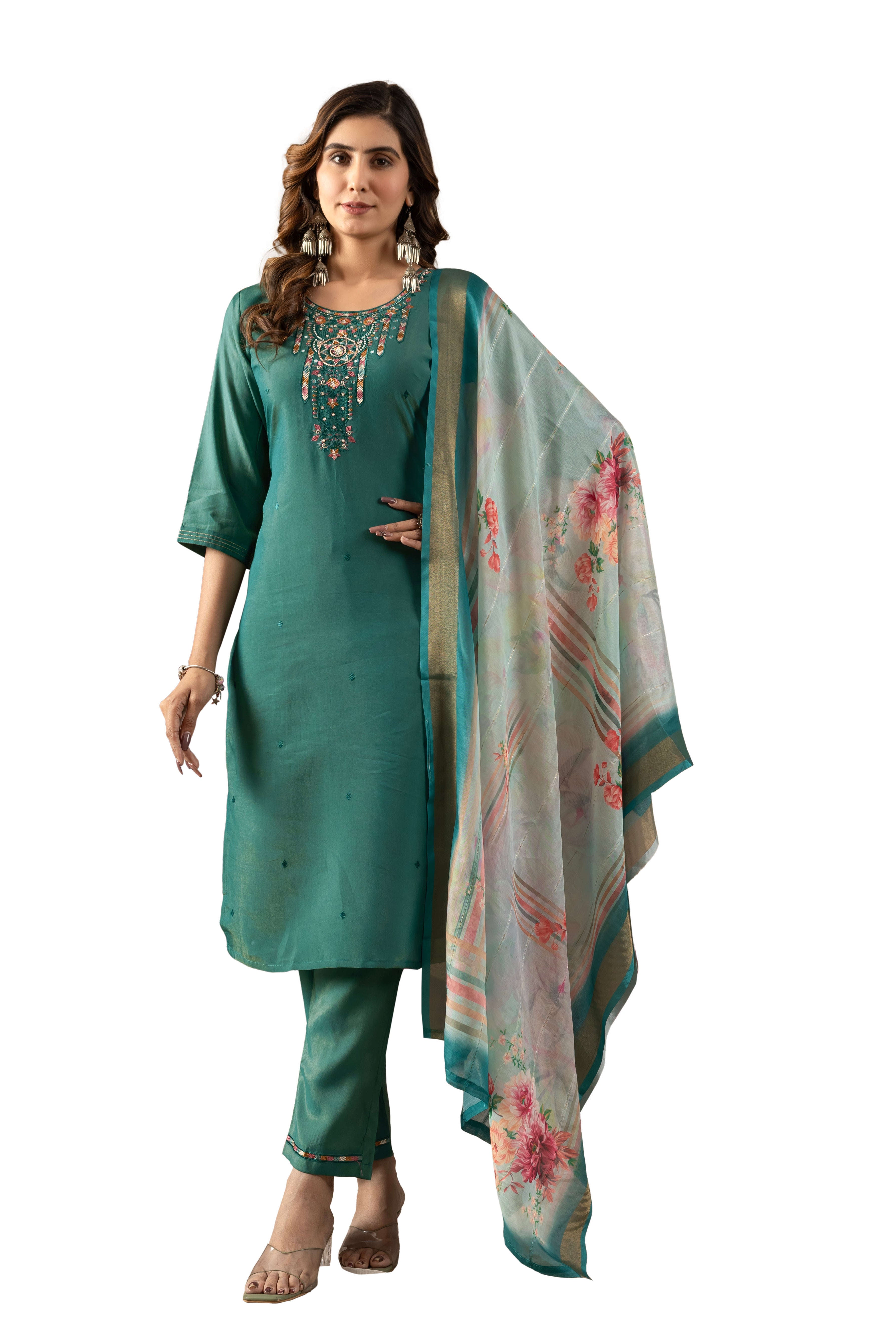 Elegant Straight Kurti Pant Dupatta Set KADV-109 - Rama Green Kalikar