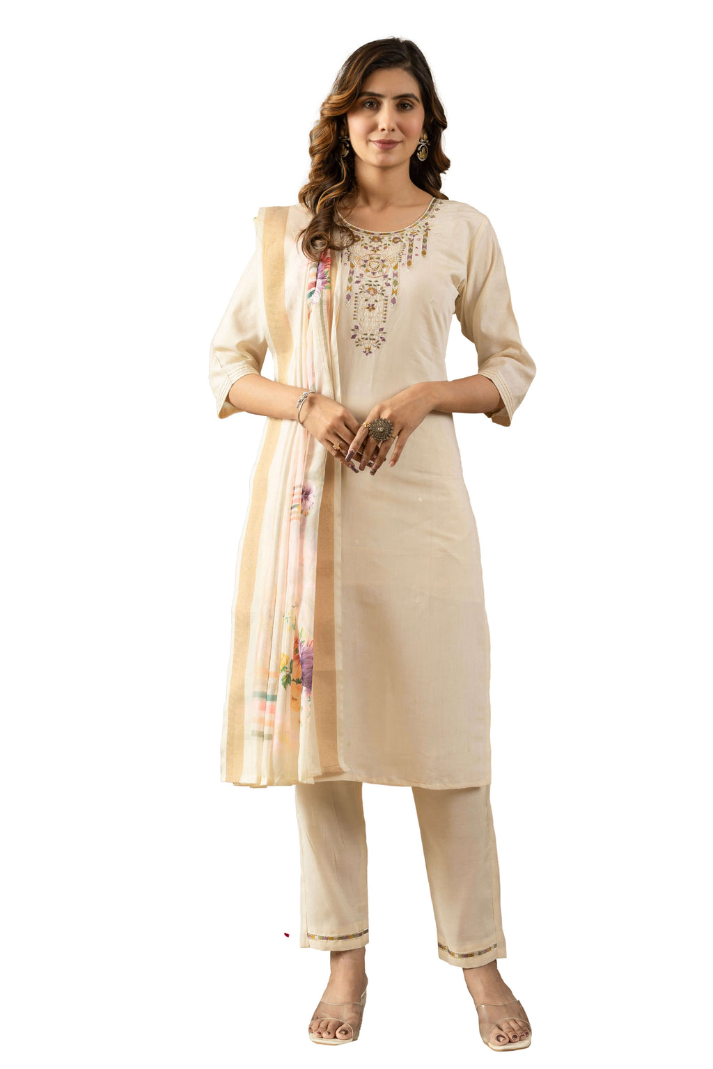 Elegant Straight Kurti Pant Dupatta Set KADV-109 - Off White Kalikar