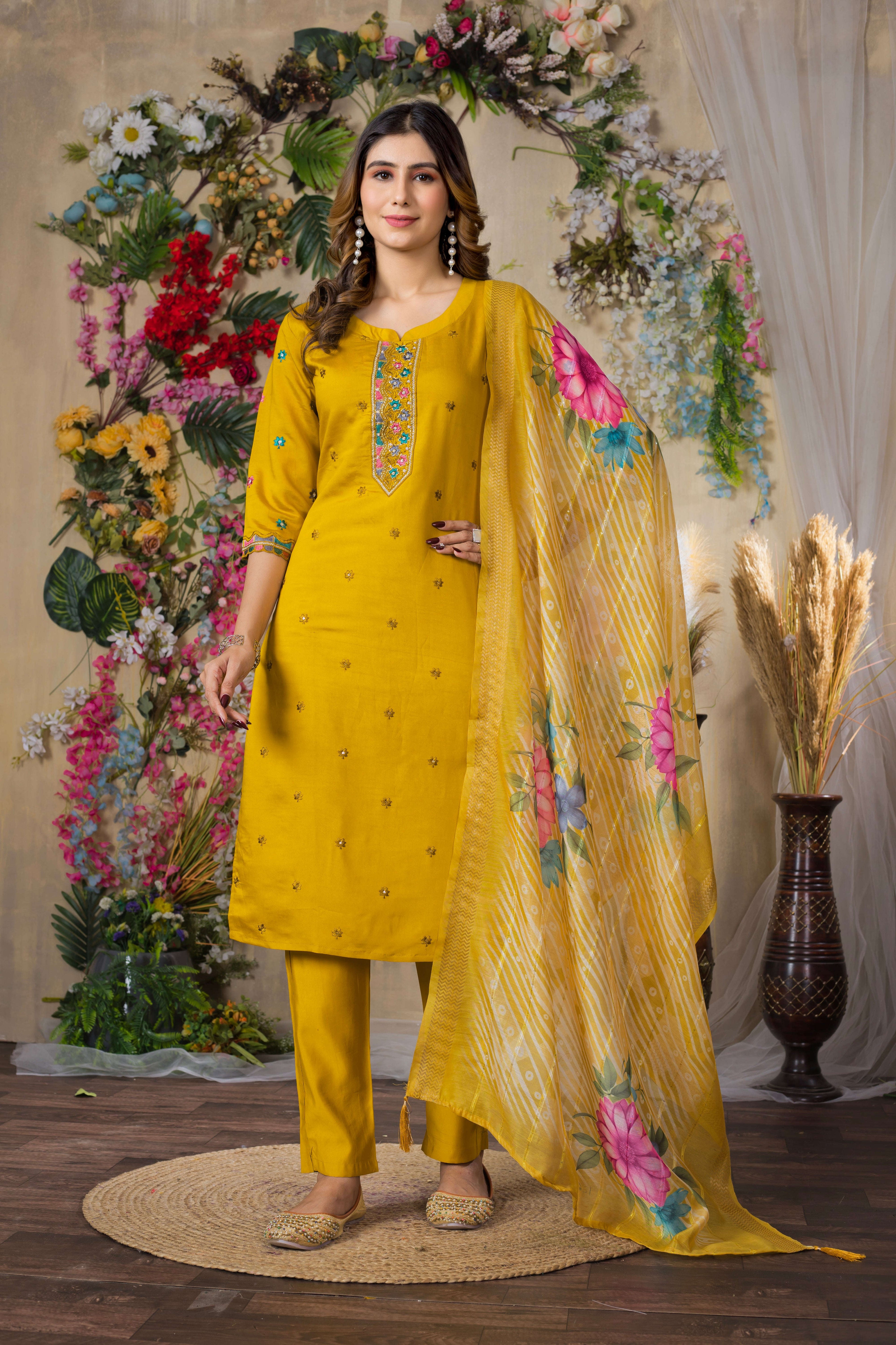 Elegant Straight Kurti Pant Dupatta Set KADV-110 - Mustard yellow Kalikar
