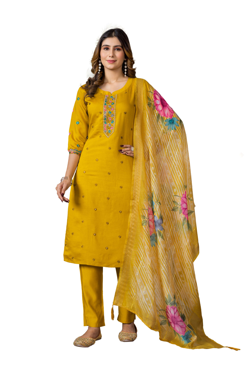 Elegant Straight Kurti Pant Dupatta Set KADV-110 - Mustard yellow Kalikar