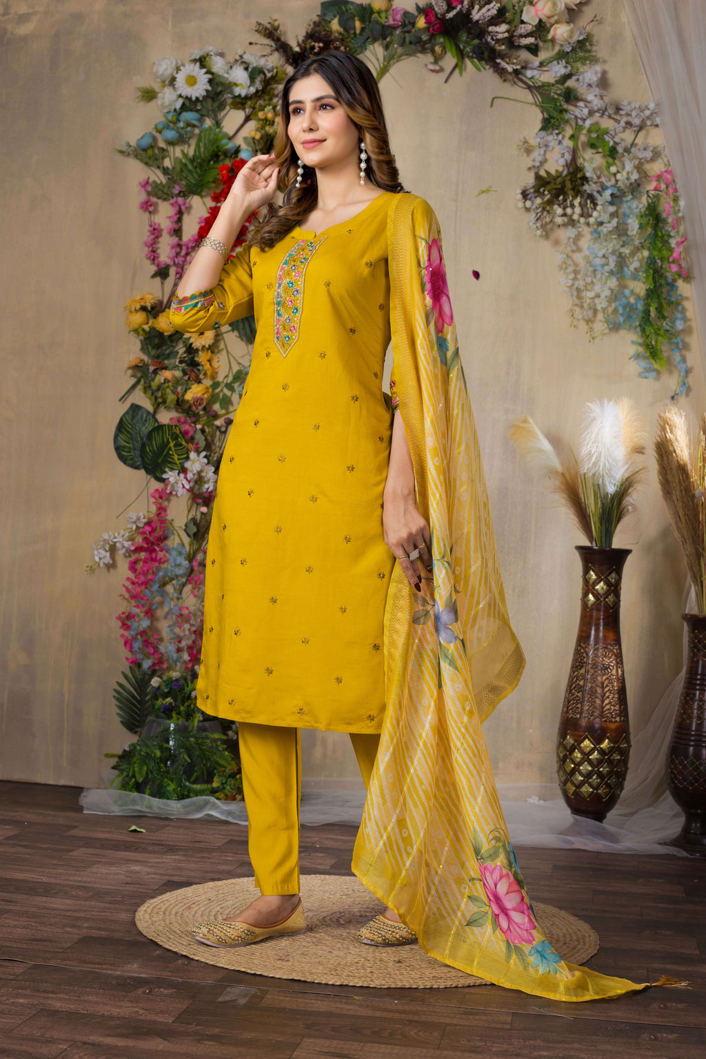 Elegant Straight Kurti Pant Dupatta Set KADV-110 - Mustard yellow Kalikar