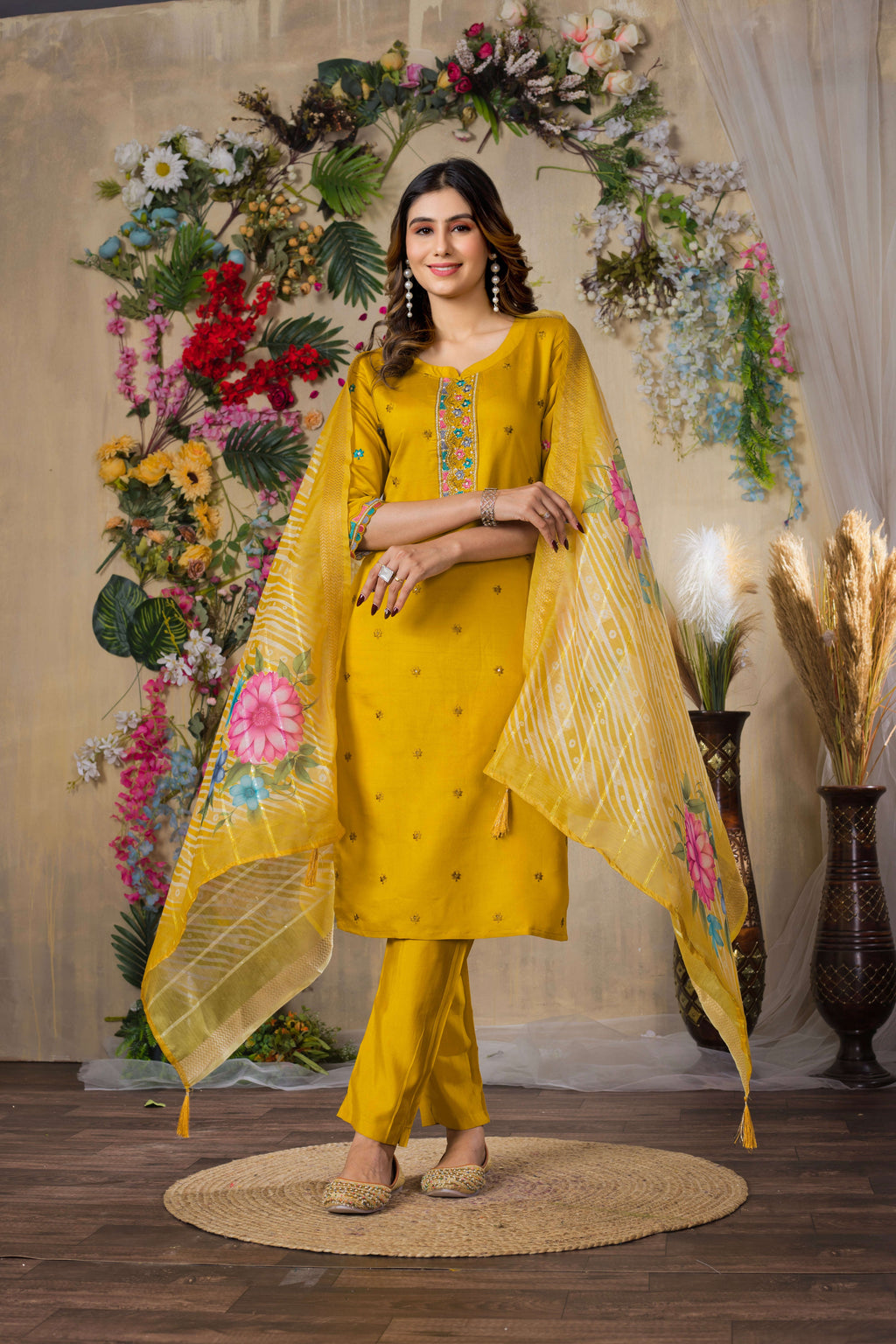 Elegant Straight Kurti Pant Dupatta Set KADV-110 - Mustard yellow Kalikar