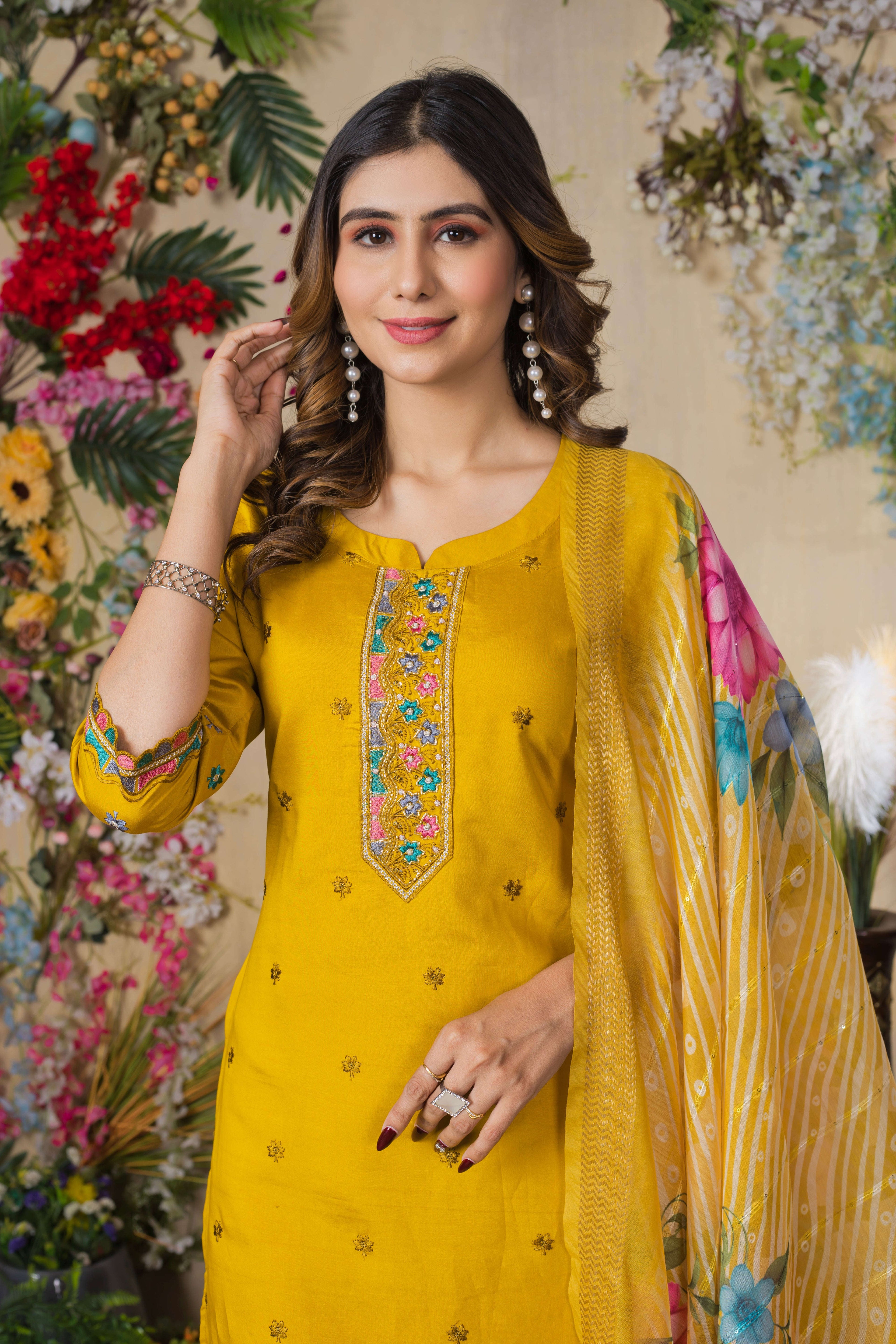 Elegant Straight Kurti Pant Dupatta Set KADV-110 - Mustard yellow Kalikar
