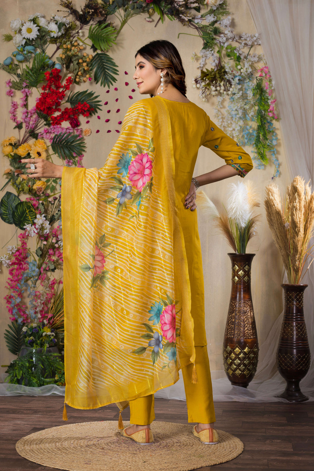 Elegant Straight Kurti Pant Dupatta Set KADV-110 - Mustard yellow Kalikar