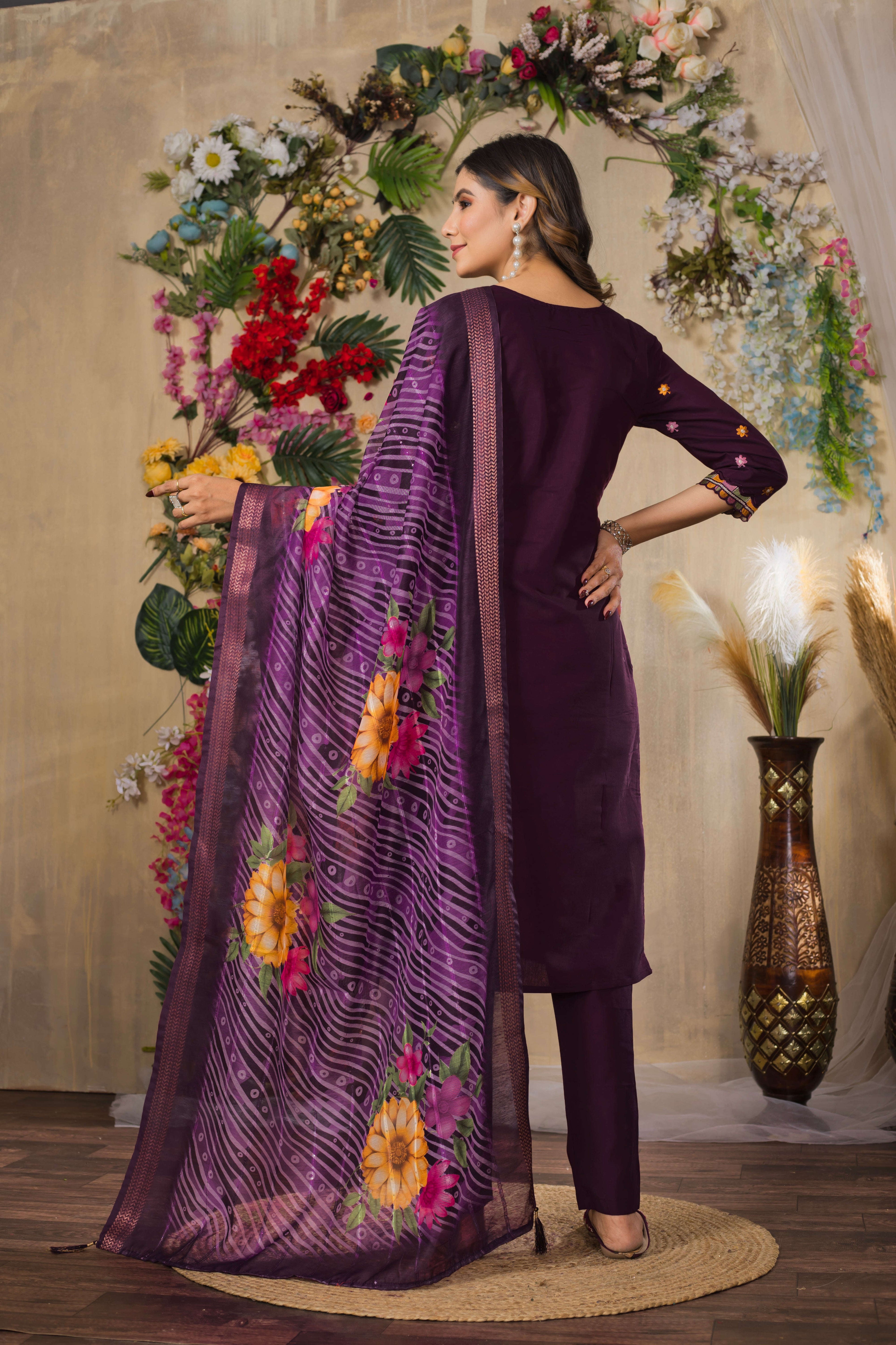 Elegant Straight Kurti Pant Dupatta Set KADV-110 - Wine Kalikar