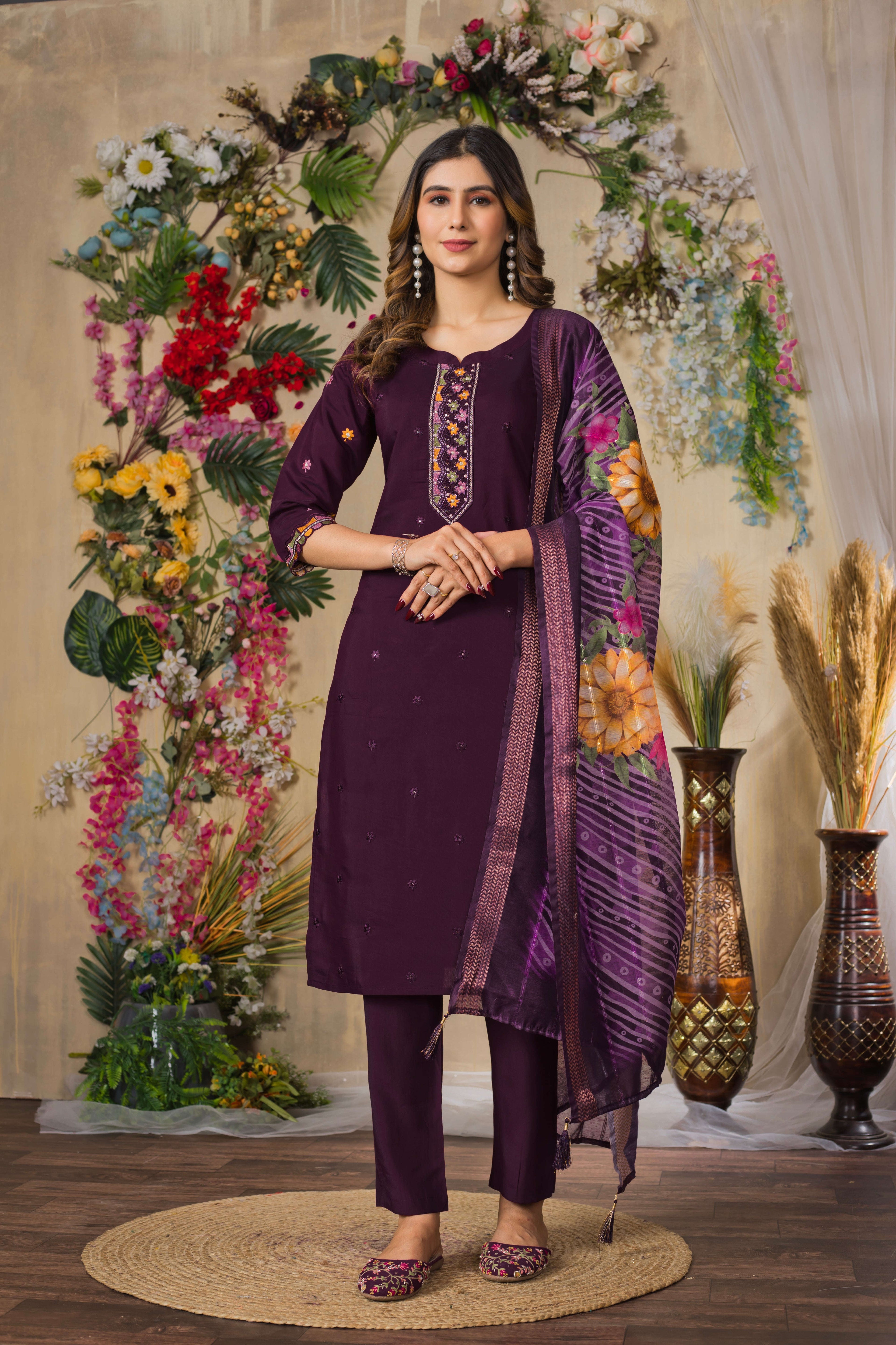Elegant Straight Kurti Pant Dupatta Set KADV-110 - Wine Kalikar