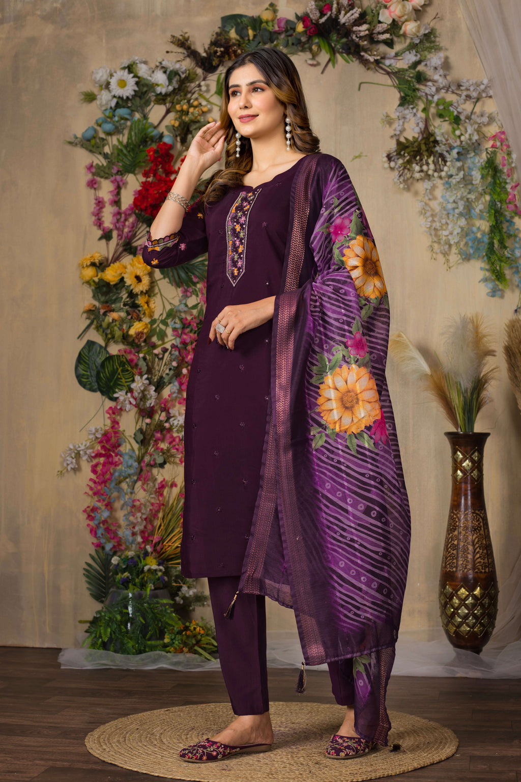 Elegant Straight Kurti Pant Dupatta Set KADV-110 - Wine Kalikar