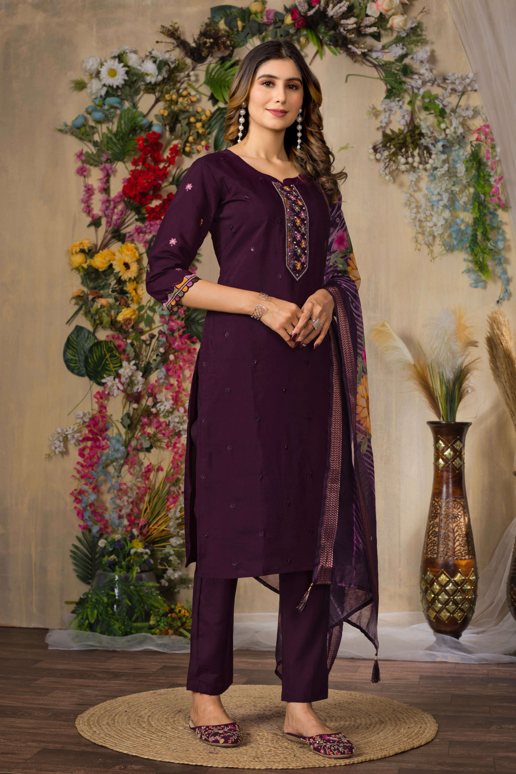 Elegant Straight Kurti Pant Dupatta Set KADV-110 - Wine Kalikar