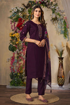 Elegant Straight Kurti Pant Dupatta Set KADV-110 - Wine Kalikar
