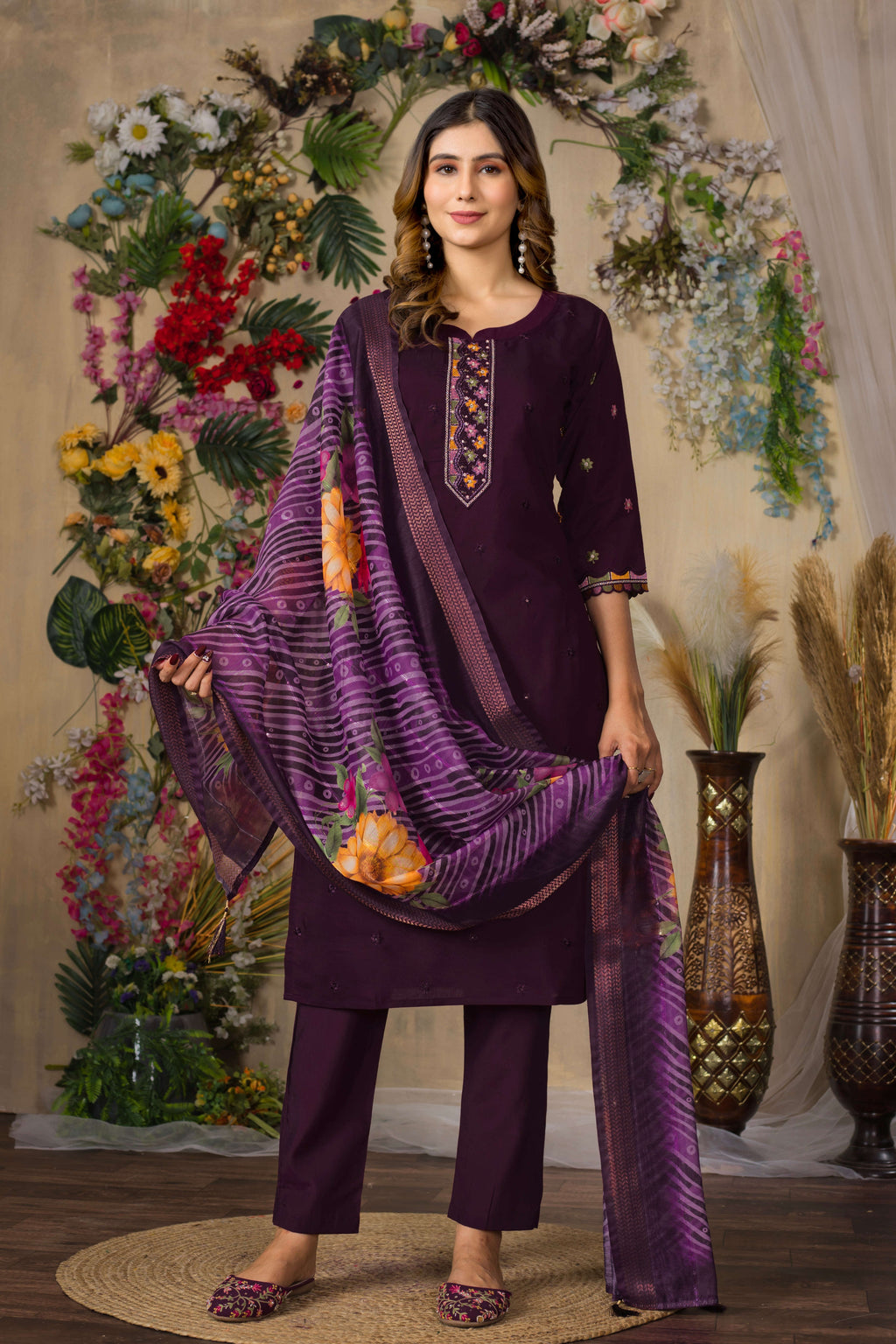Elegant Straight Kurti Pant Dupatta Set KADV-110 - Wine Kalikar