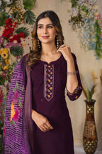 Elegant Straight Kurti Pant Dupatta Set KADV-110 - Wine Kalikar