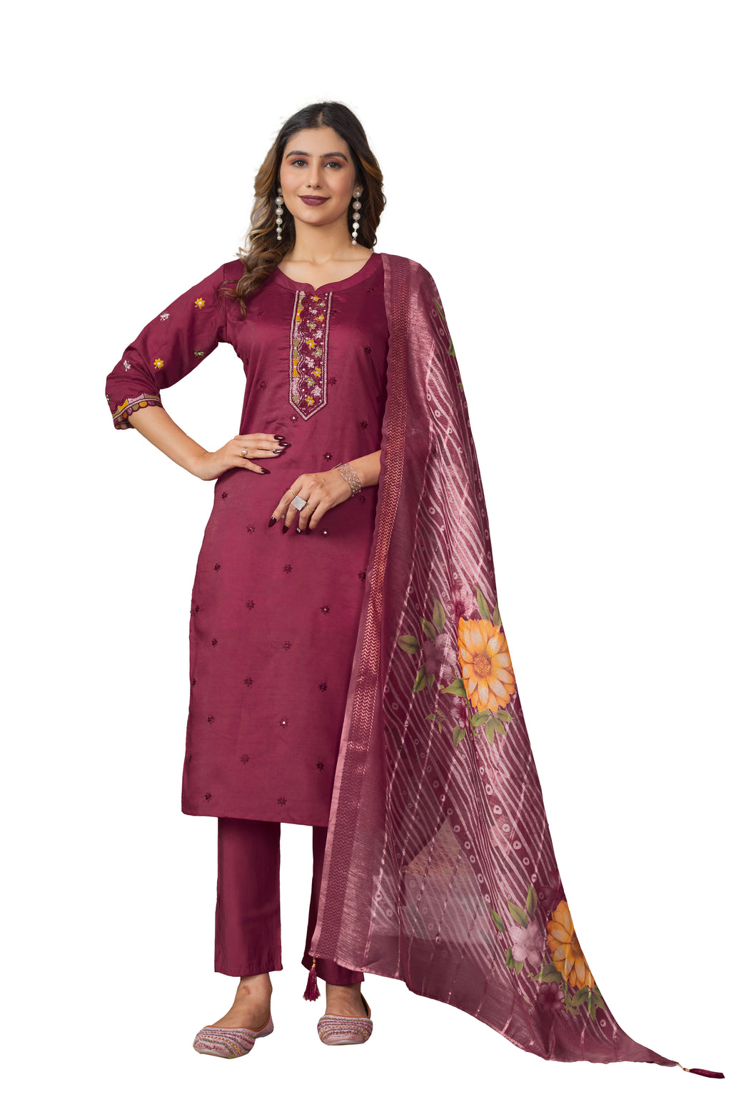 Elegant Straight Kurti Pant Dupatta Set of Maroon