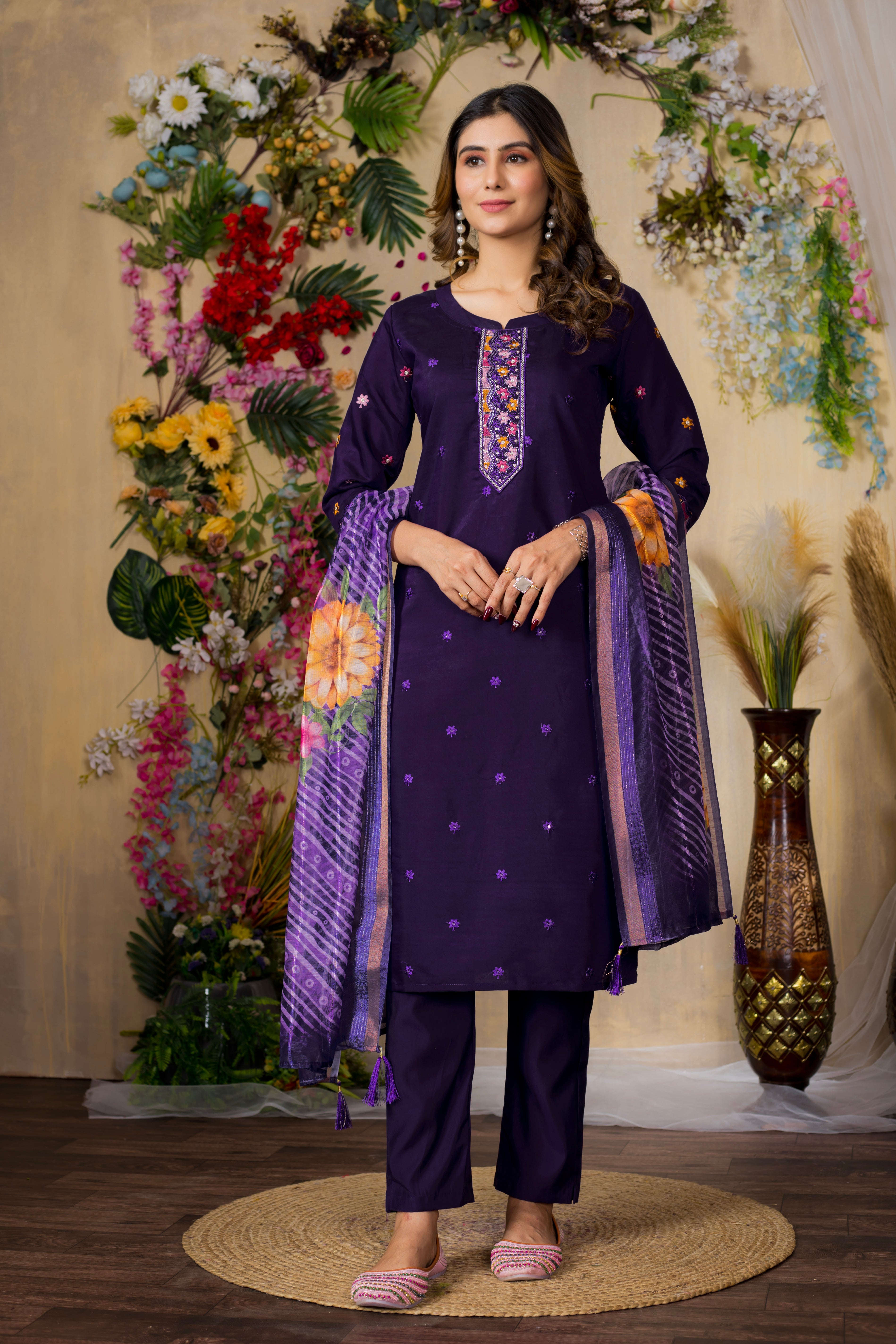 Elegant Straight Kurti Pant Dupatta Set KADV-110 - Purple Kalikar