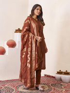 Elegant Straight Kurti Pant Dupatta Set of Coffee