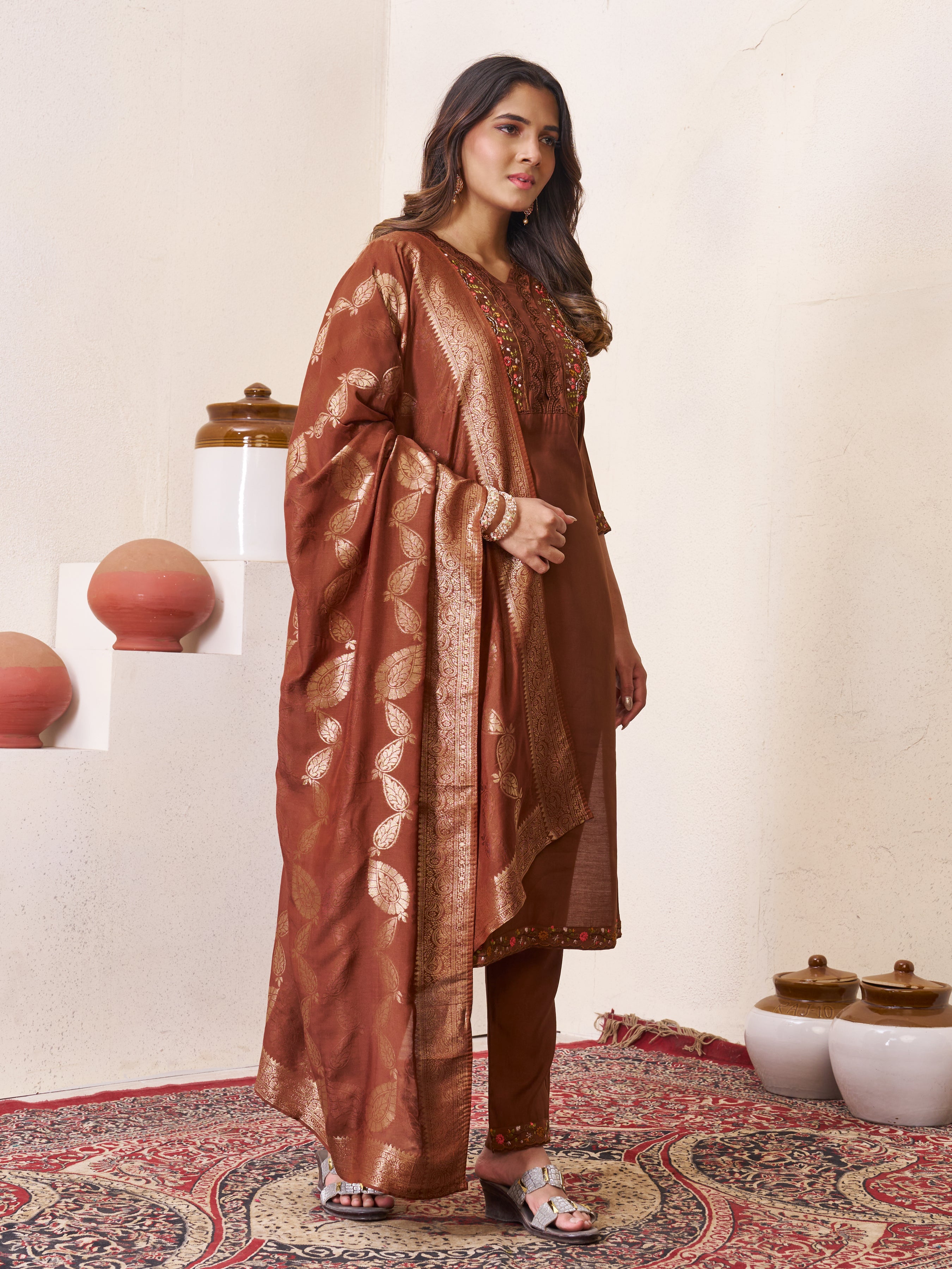 Elegant Straight Kurti Pant Dupatta Set of Coffee