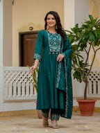 Elegant Straight Kurti Pant Dupatta Set of Teal