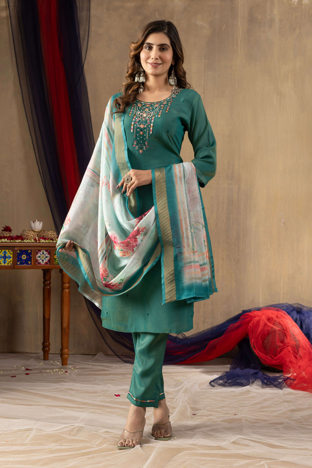 Elegant Straight Kurti Pant Dupatta Set KADV-109 - Rama Green Kalikar