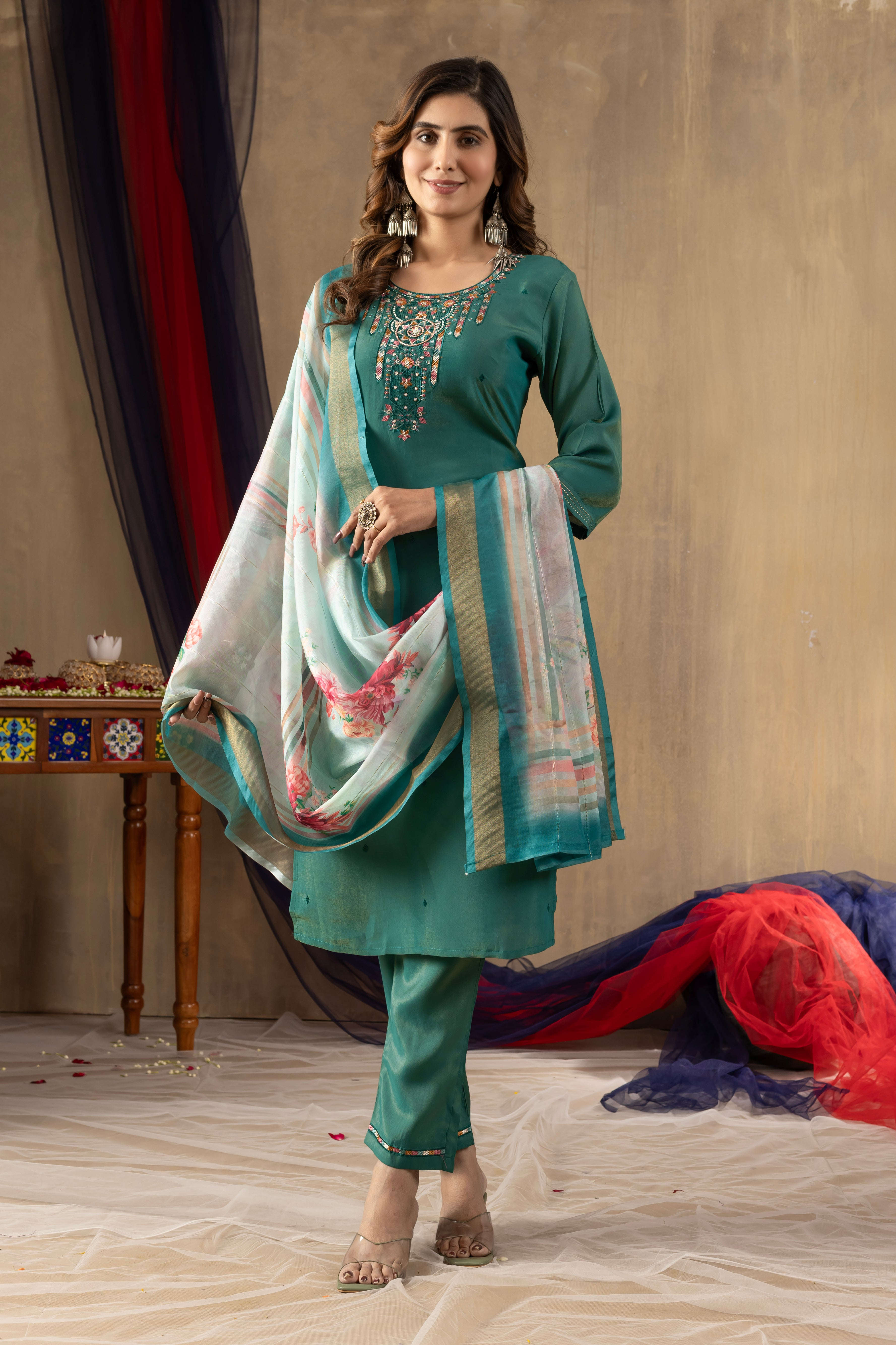Elegant Straight Kurti Pant Dupatta Set KADV-109 - Rama Green Kalikar