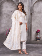 Elegant Straight Kurti Pant Dupatta Set of White