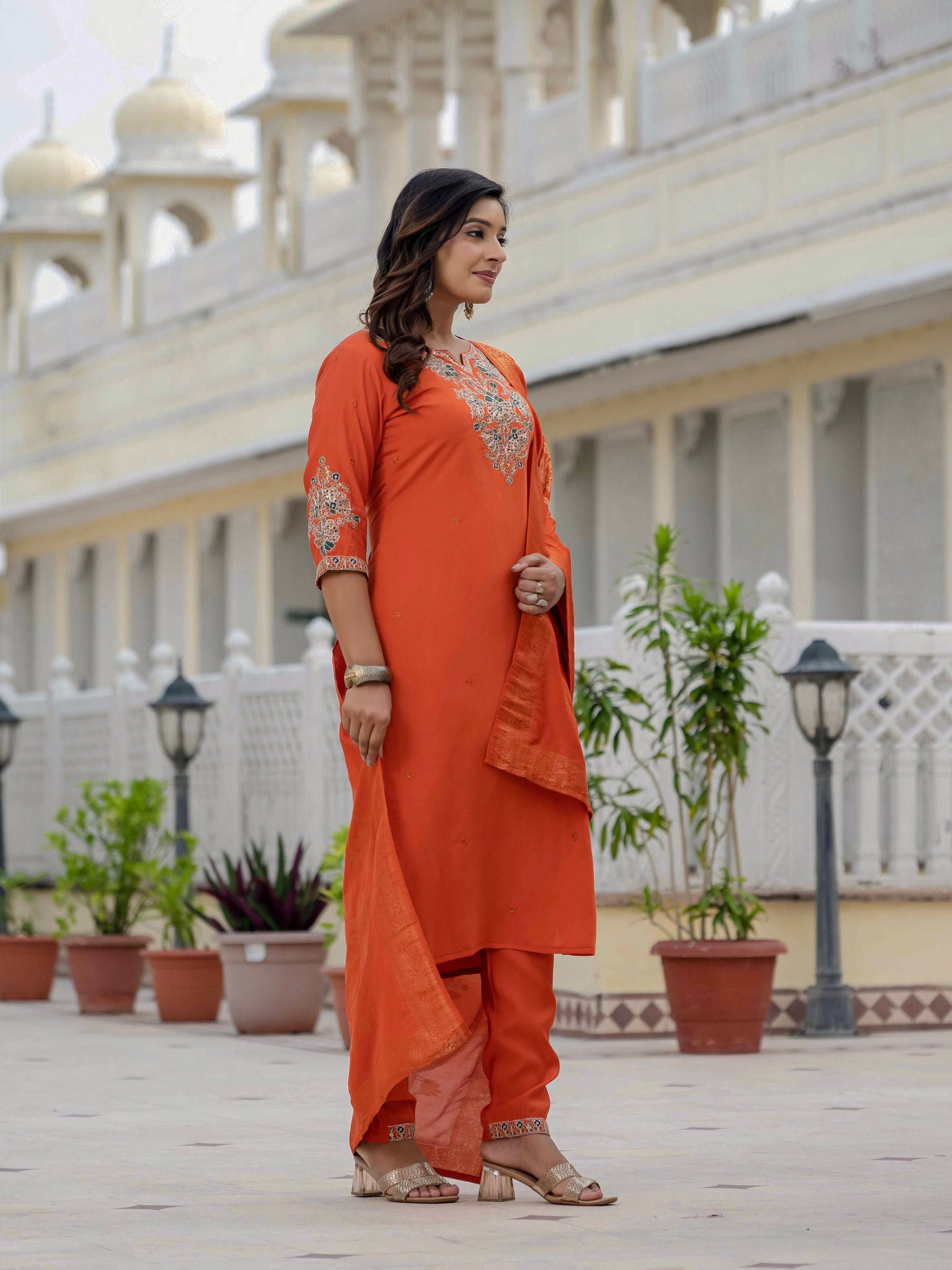 Elegant Straight Kurta Set KADV-121i- Orange Kalikar