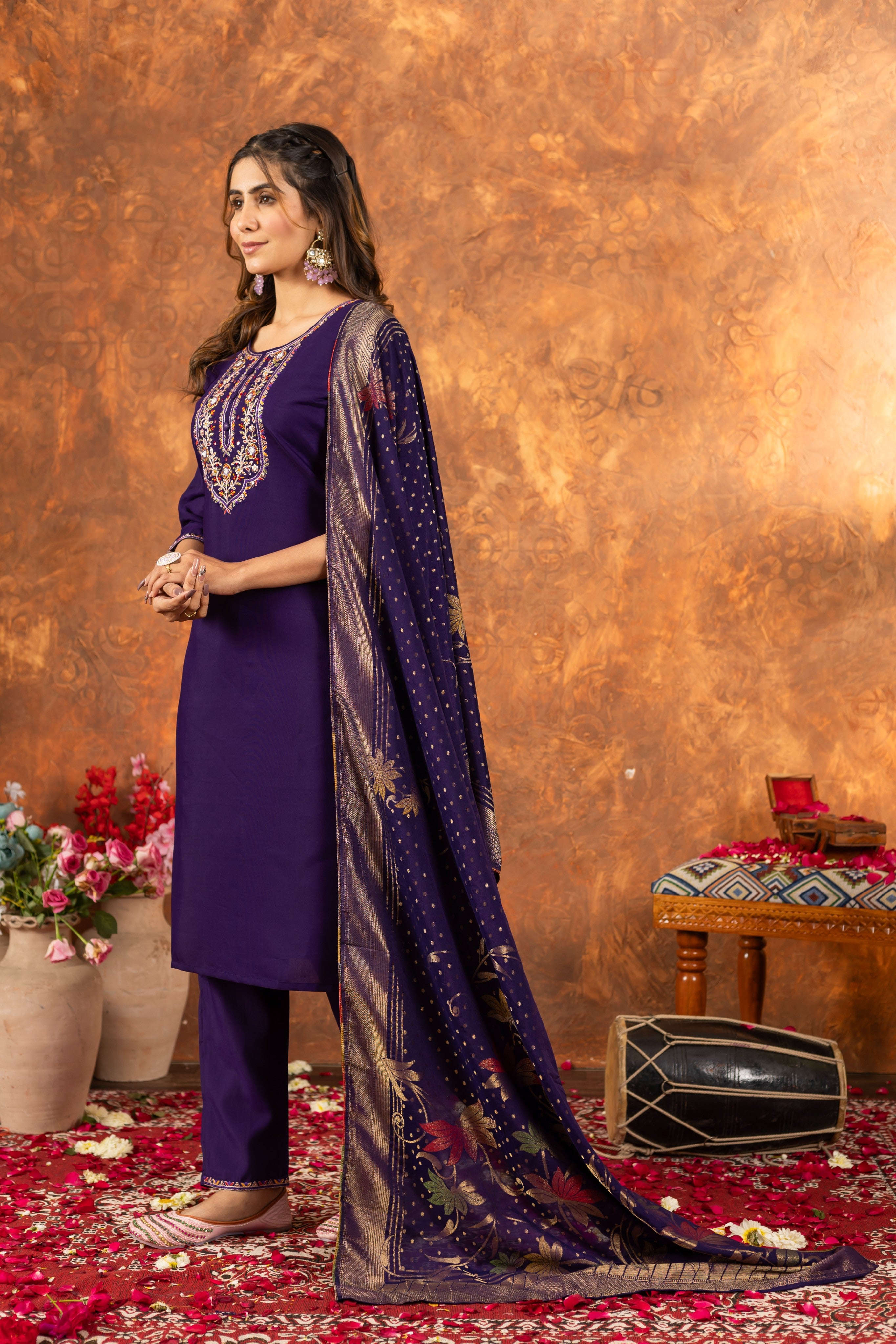 Elegant Straight Kurti Pant Dupatta Set KADV-103 - Purple Kalikar