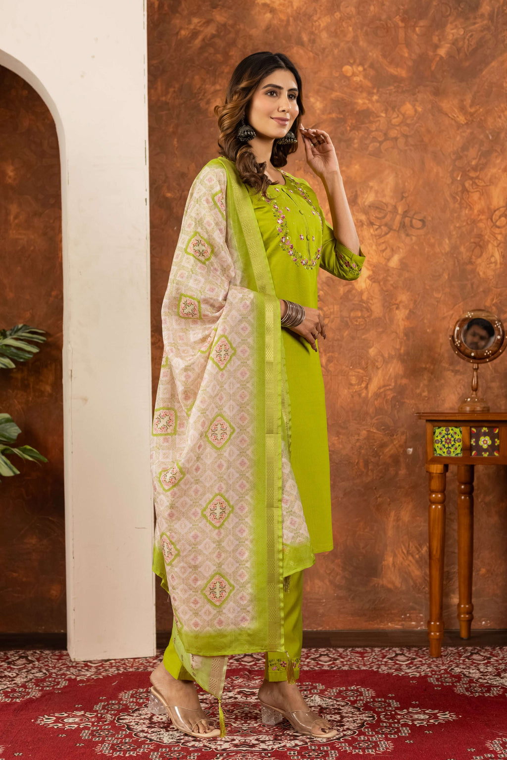Elegant Straight Kurti Pant Dupatta Set - Parrot Green Kalikar