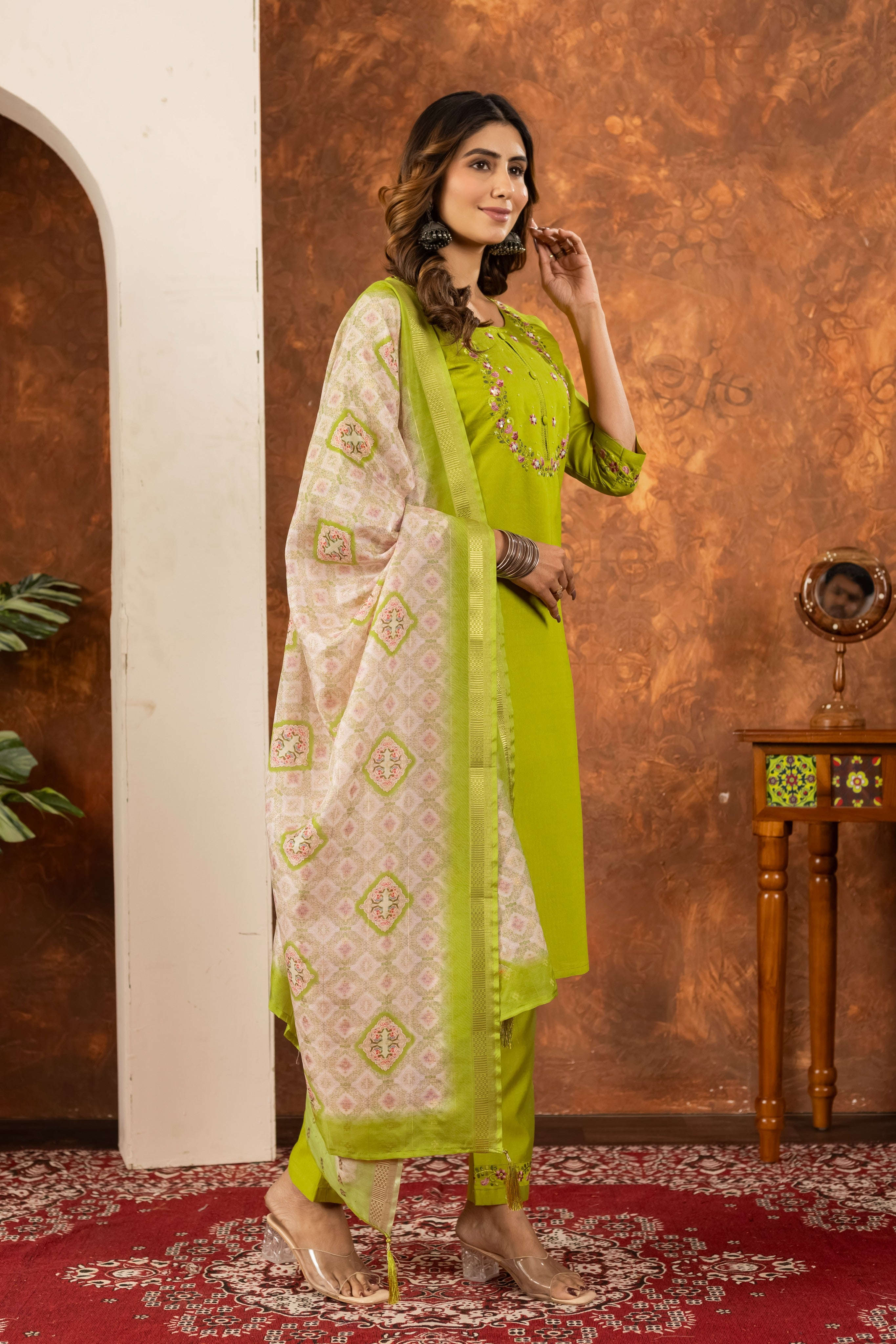 Elegant Straight Kurti Pant Dupatta Set - Parrot Green Kalikar