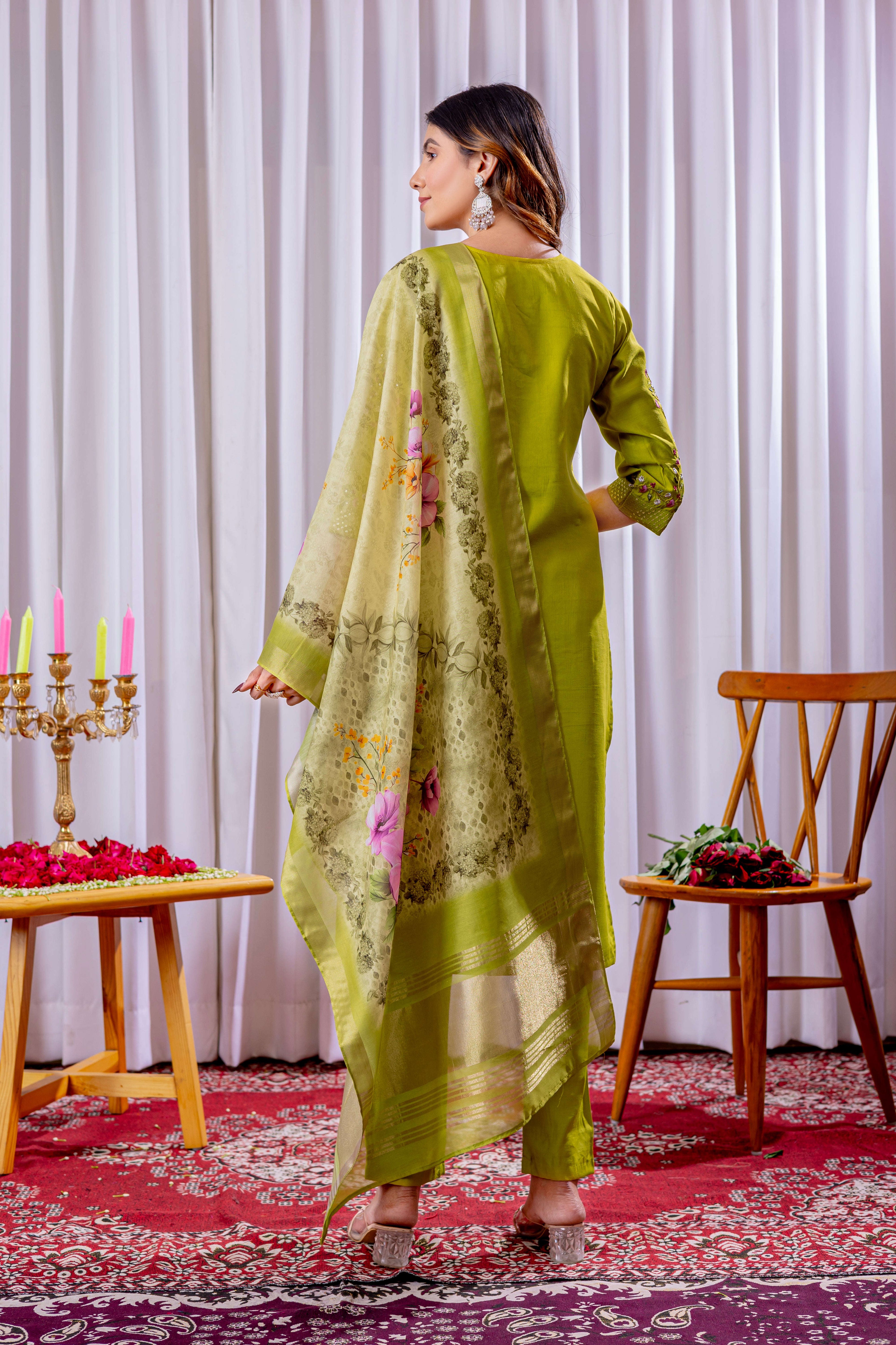 Elegant Straight Kurti Pant Dupatta Set KADV-111 -Parrot Green Kalikar