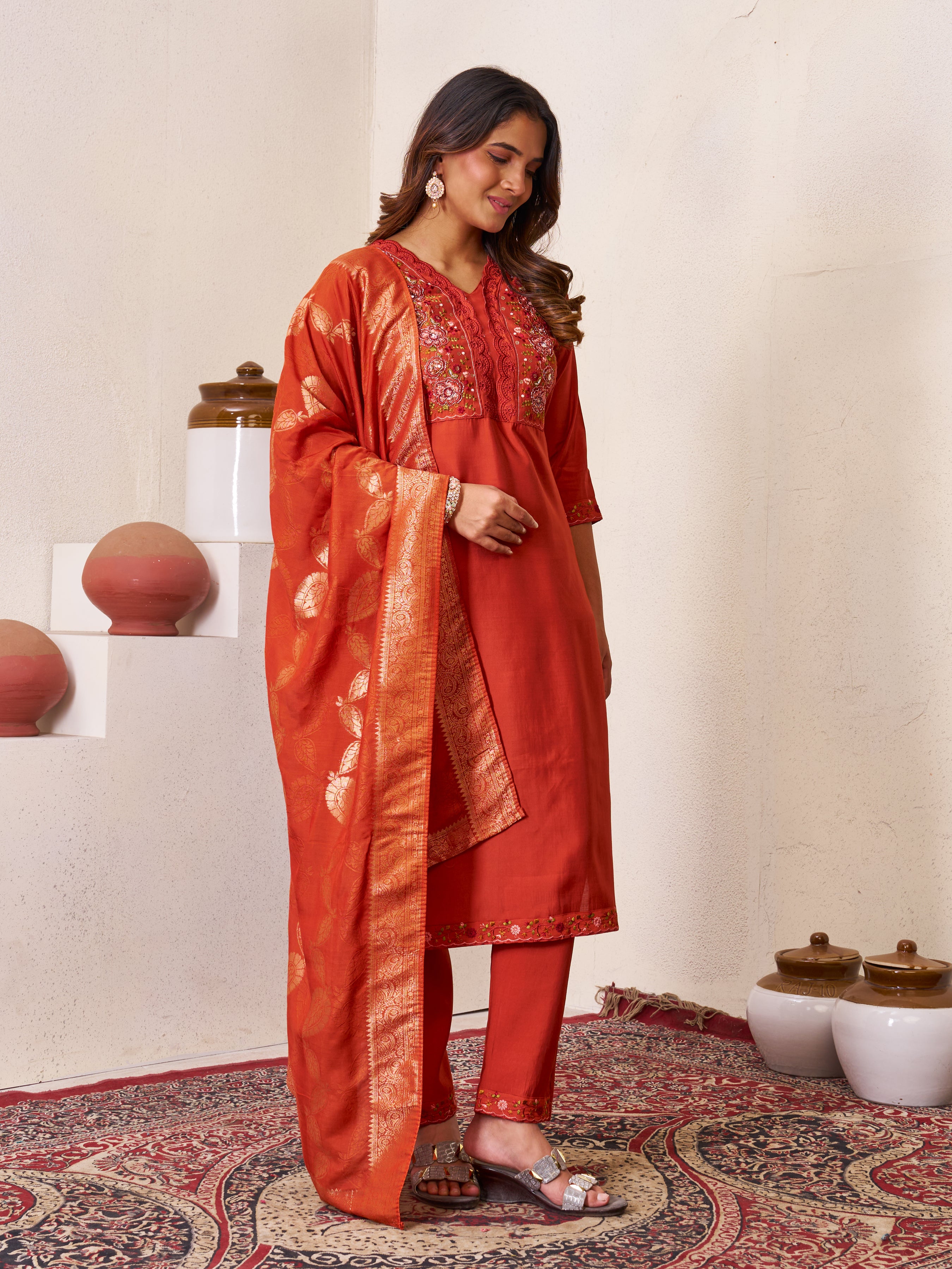 Elegant Straight Kurti Pant Dupatta Set of Rust